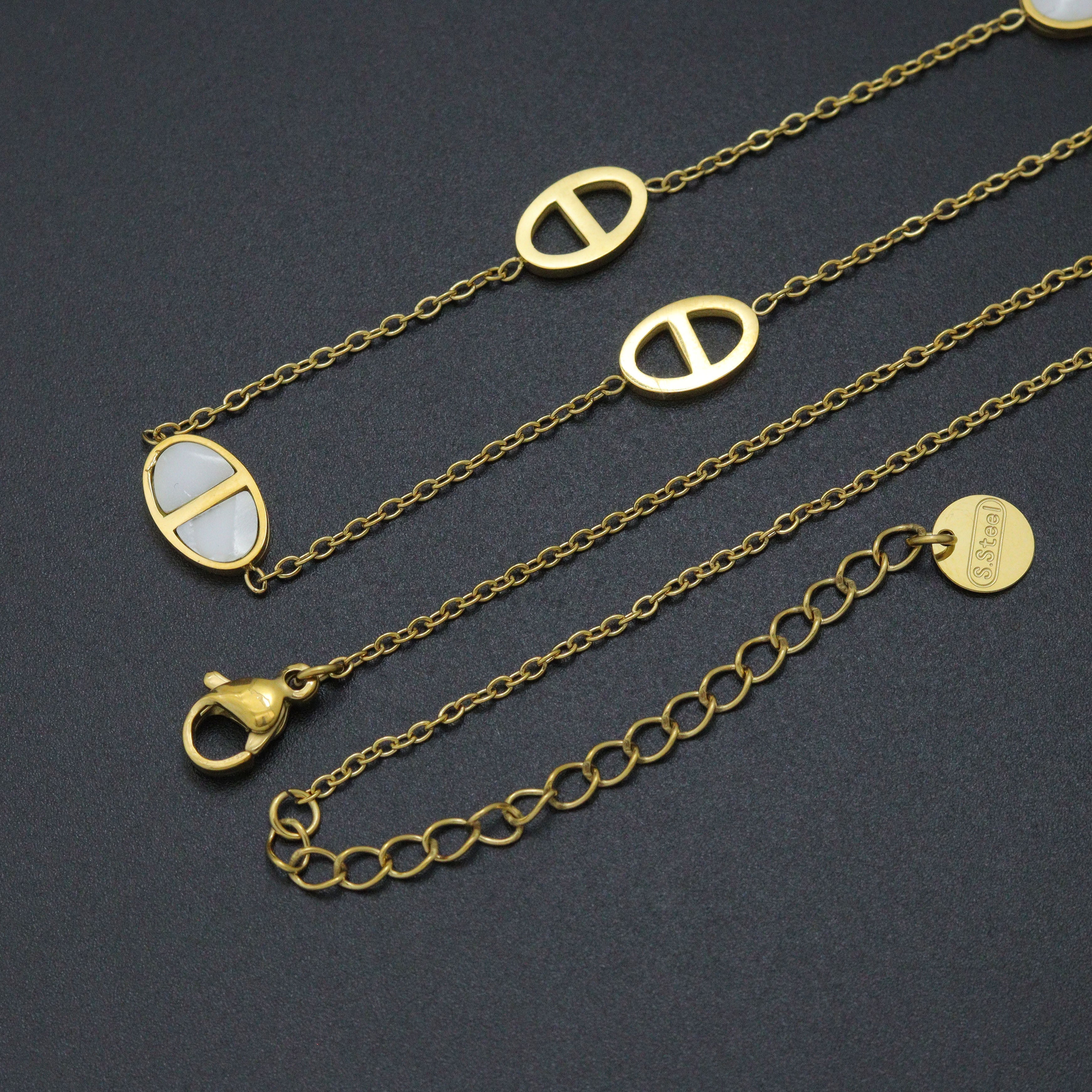 Mother of Pearl Oval Gold Link Adjustable Necklace Earring set, Sku#BXG14