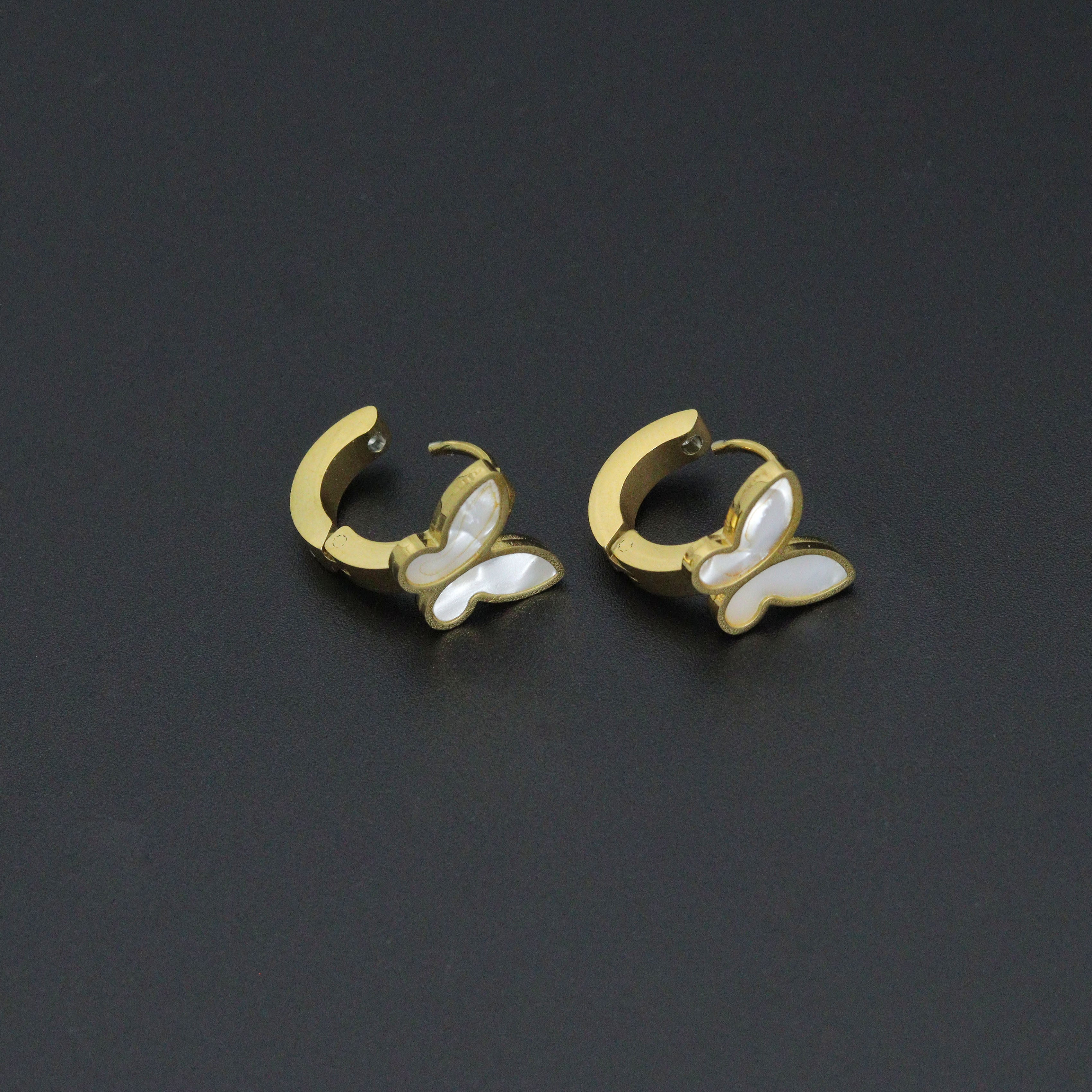White Mother of Pearl Butterfly Hoop Earrings, Sku#BXG16