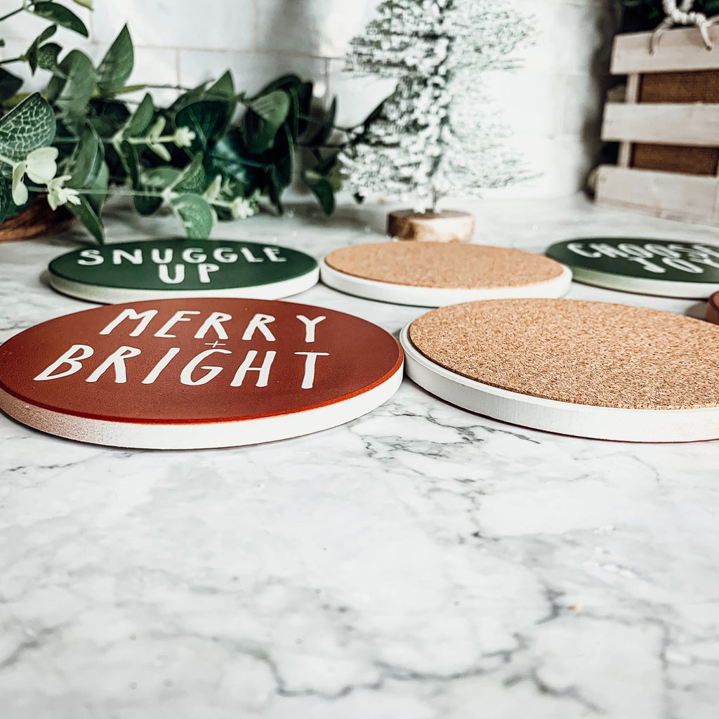Holiday Ceramic Coaster Set With Cork Back Non Scratch Decorative Display Ready Table Accent
