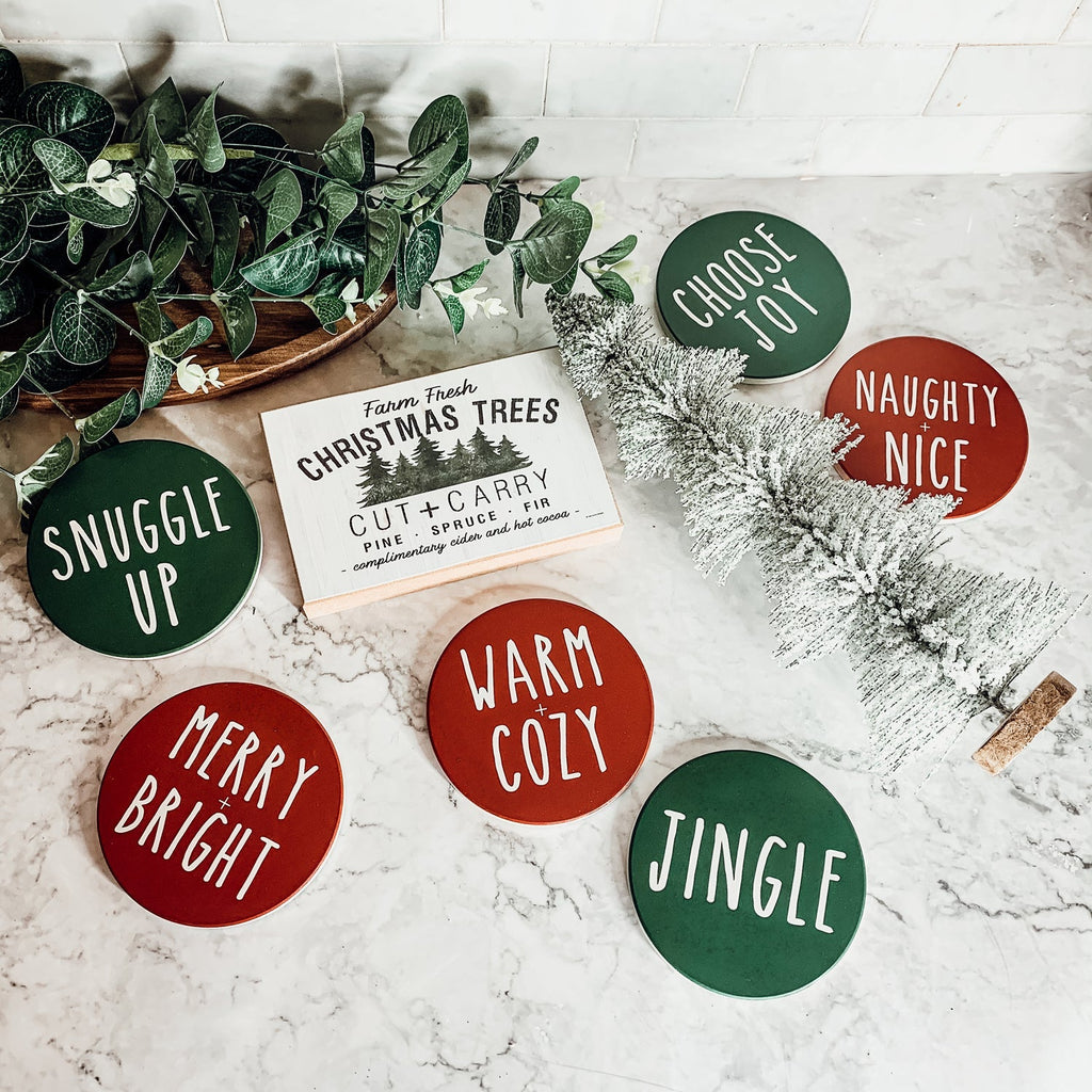 Holiday Ceramic Coaster Set With Cork Back Non Scratch Decorative Display Ready Table Accent