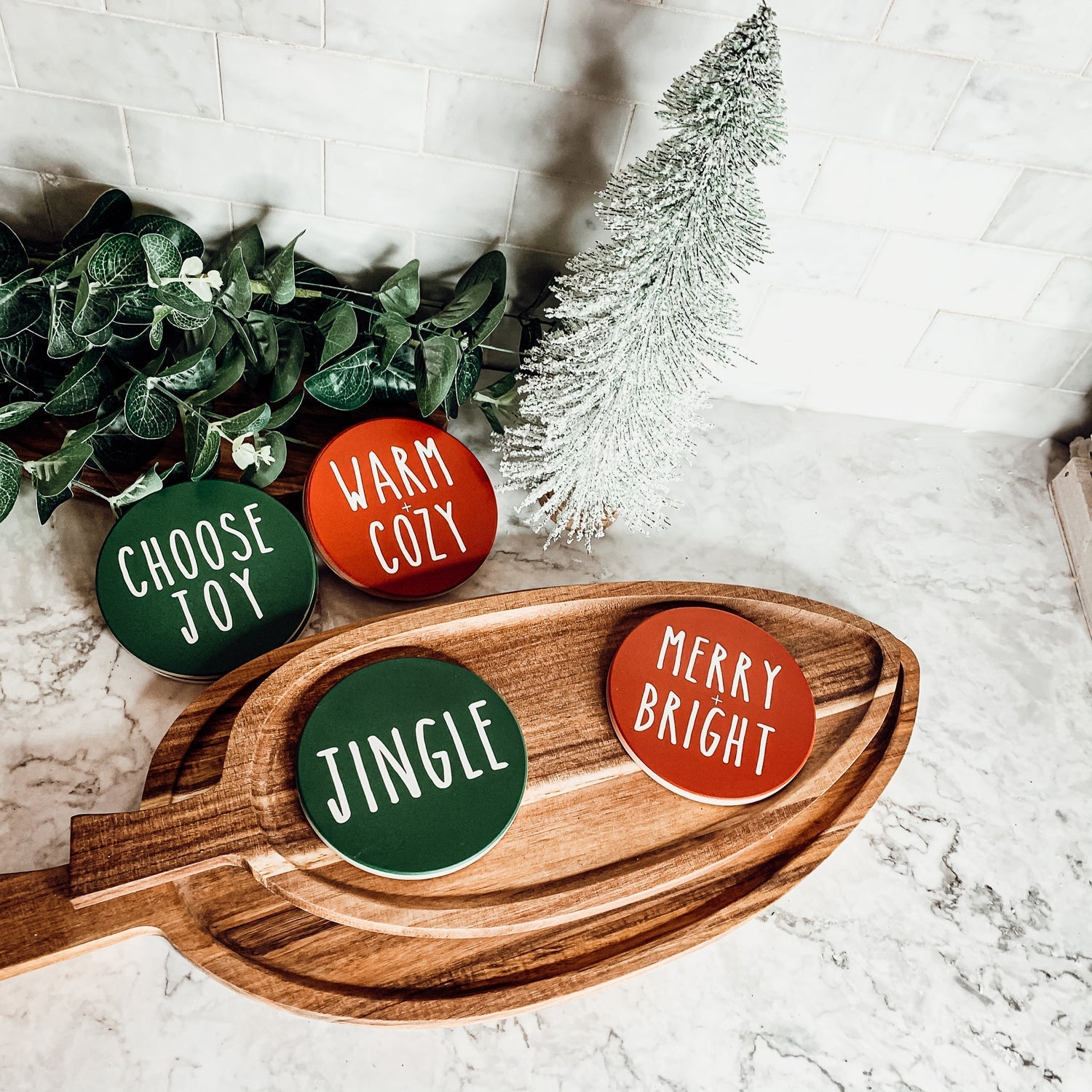 Holiday Ceramic Coaster Set With Cork Back Non Scratch Decorative Display Ready Table Accent