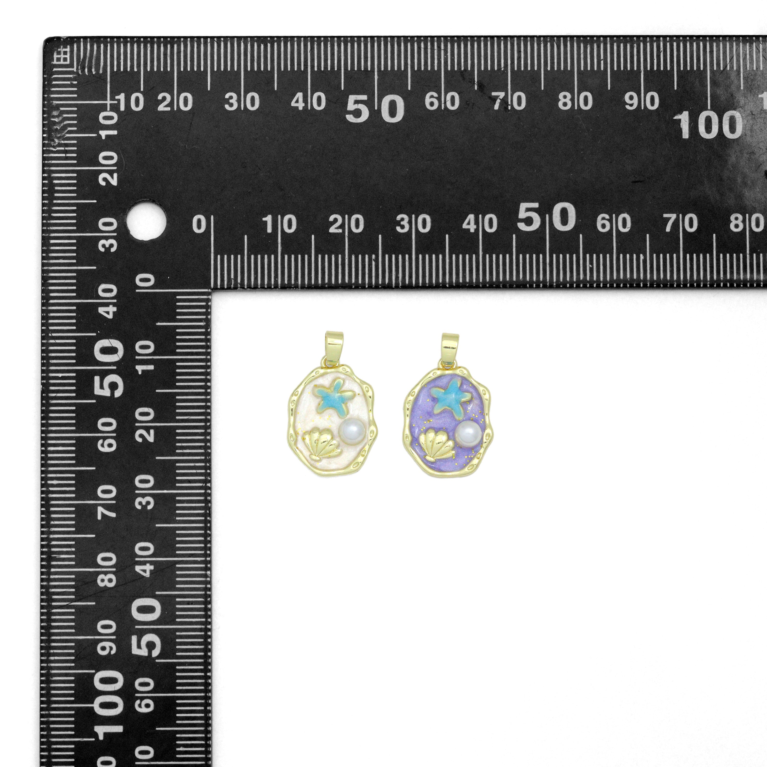 White Purple Enamel Gold StarFish Shell Pearl Oval charm, Sku#Z1483