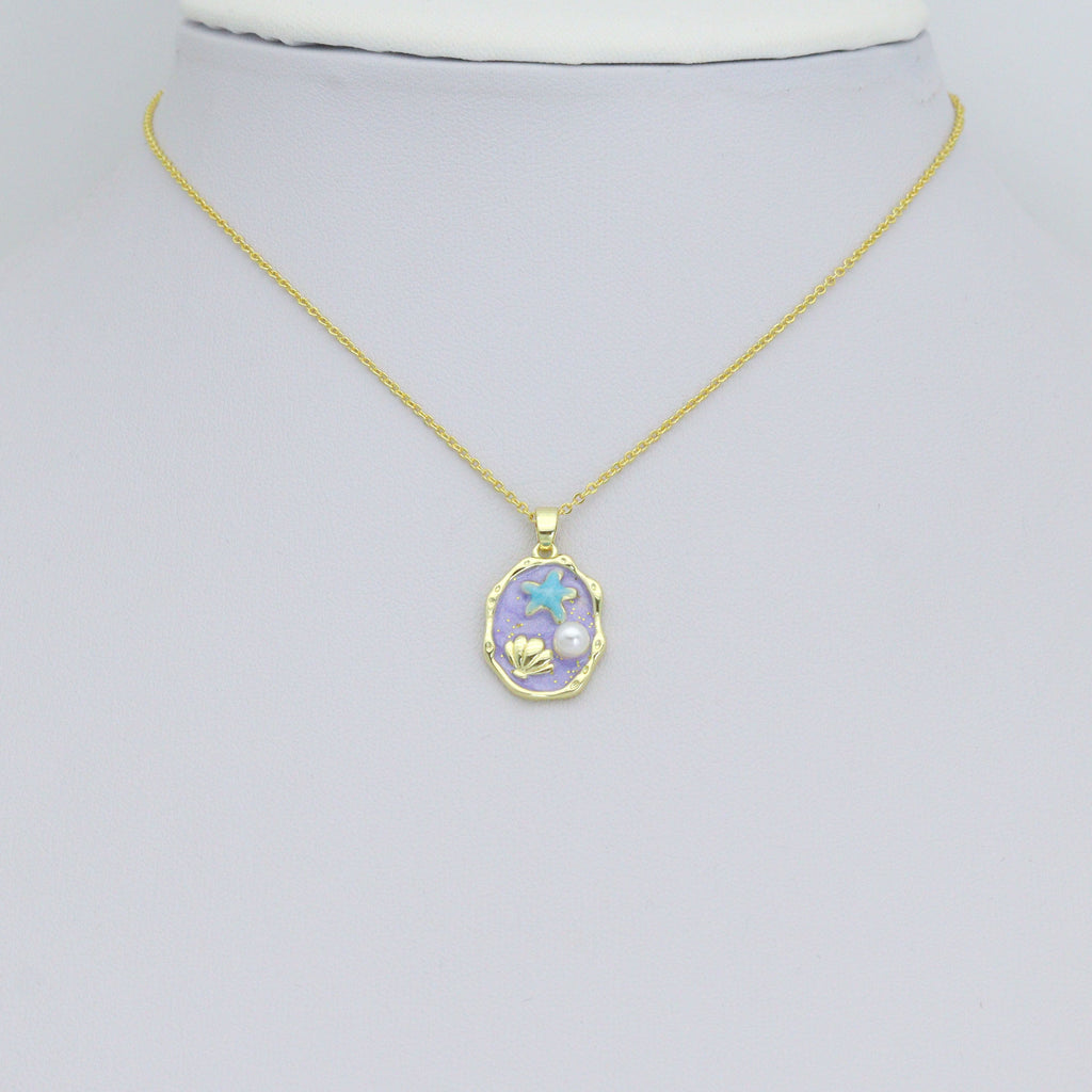 White Purple Enamel Gold StarFish Shell Pearl Oval charm, Sku#Z1483