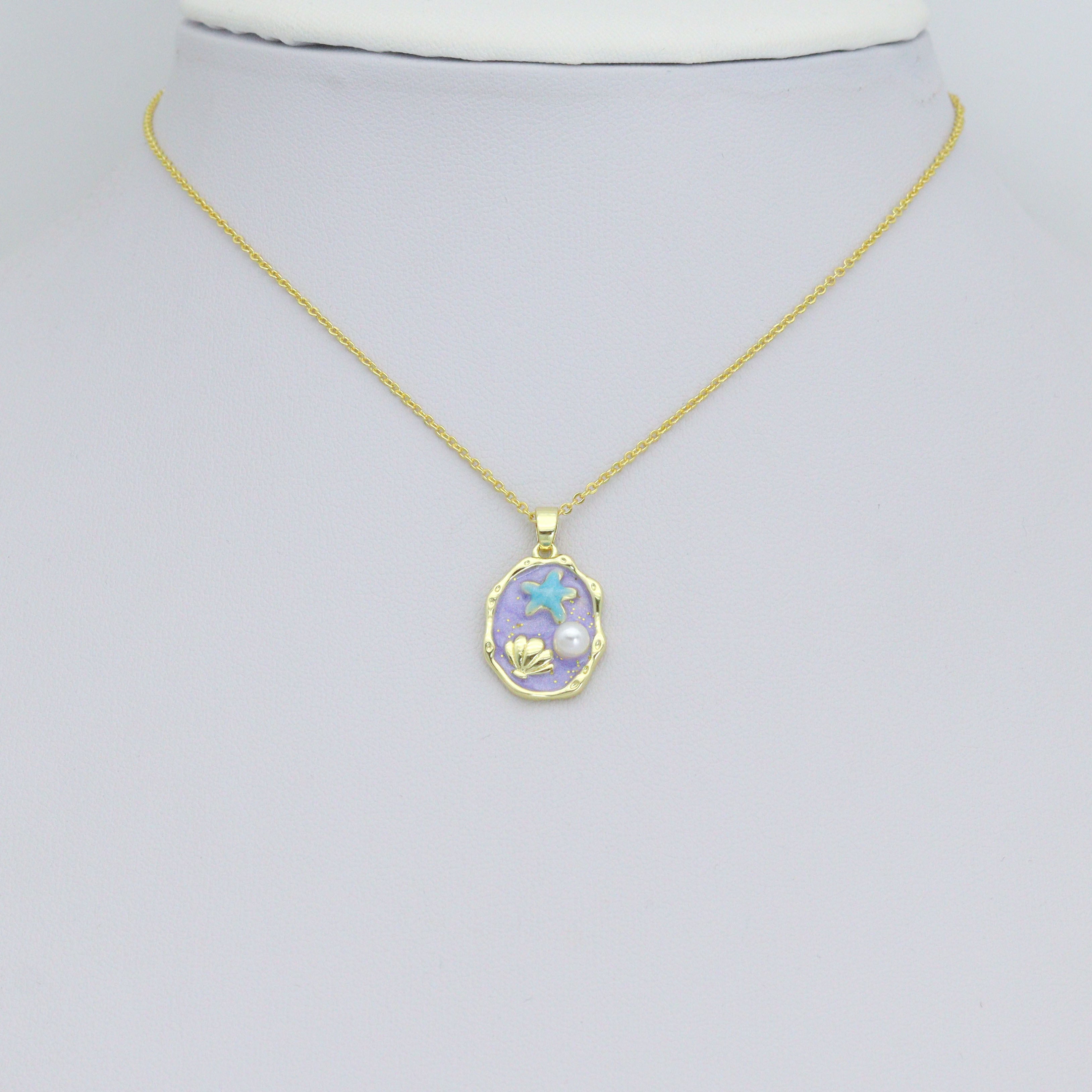White Purple Enamel Gold StarFish Shell Pearl Oval charm, Sku#Z1483