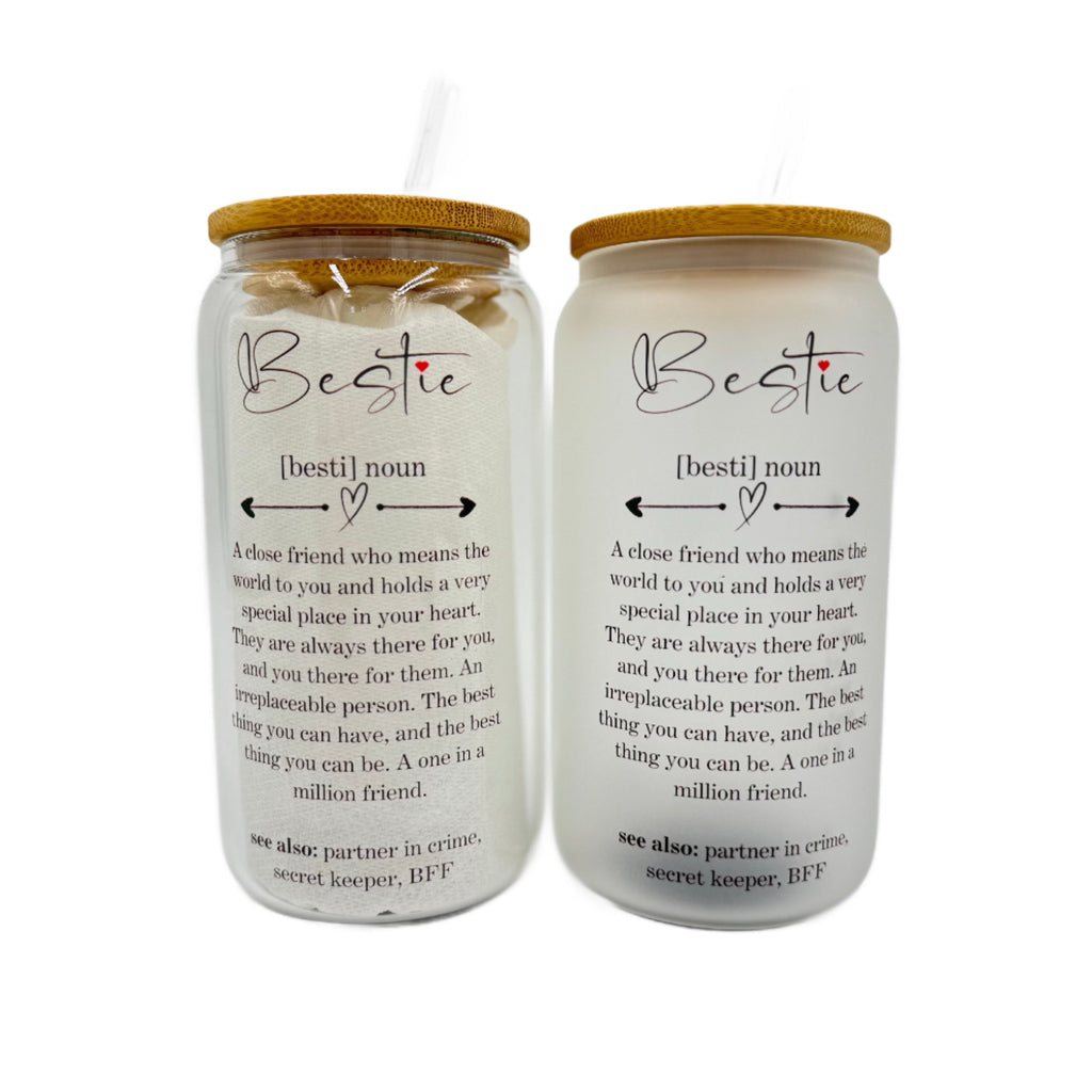 Gobelet en verre canette imprimé par sublimation 16 oz avec paille et couvercle en bambou – Meilleure amie