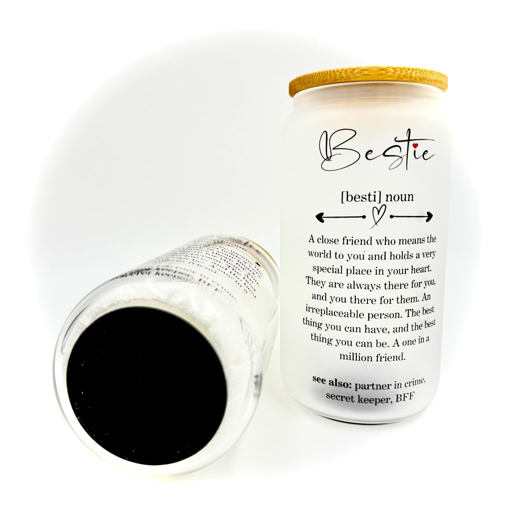 Gobelet en verre canette imprimé par sublimation 16 oz avec paille et couvercle en bambou – Meilleure amie