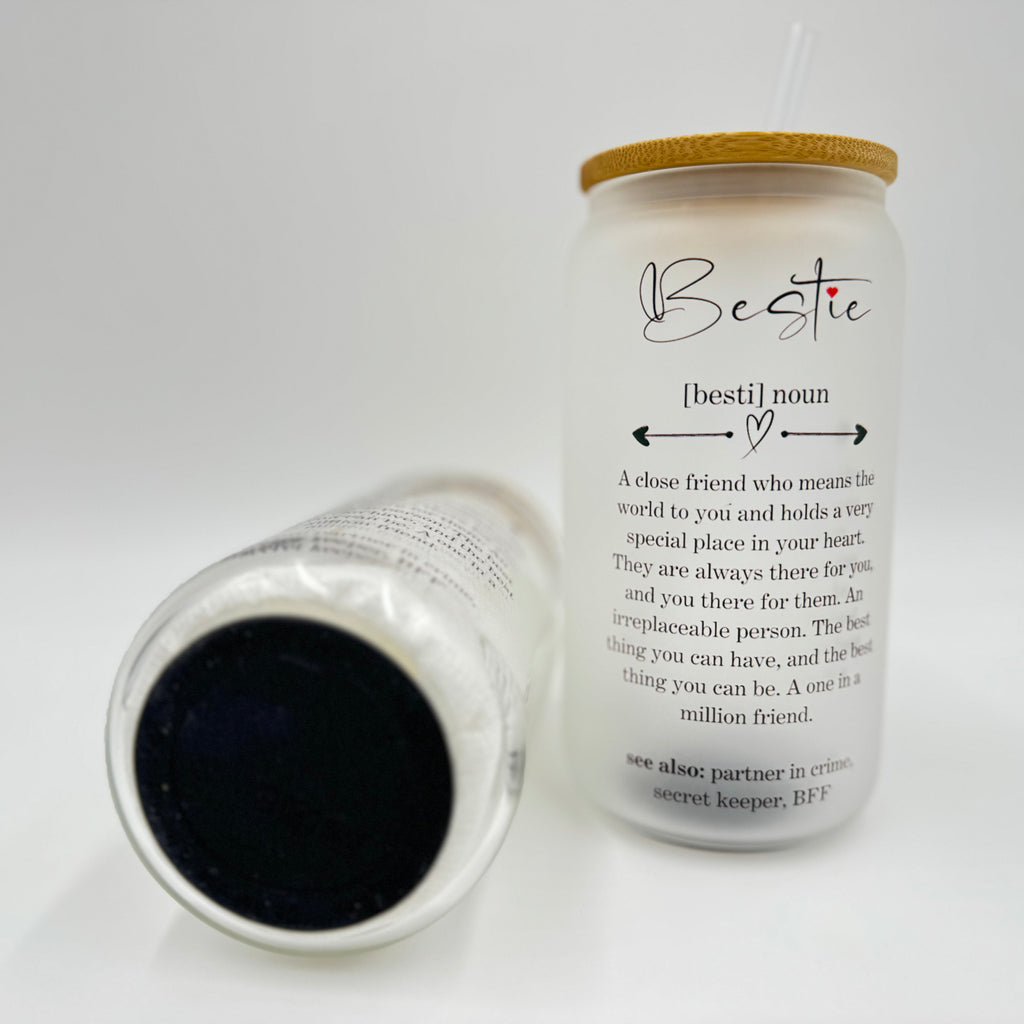 Gobelet en verre canette imprimé par sublimation 16 oz avec paille et couvercle en bambou – Meilleure amie