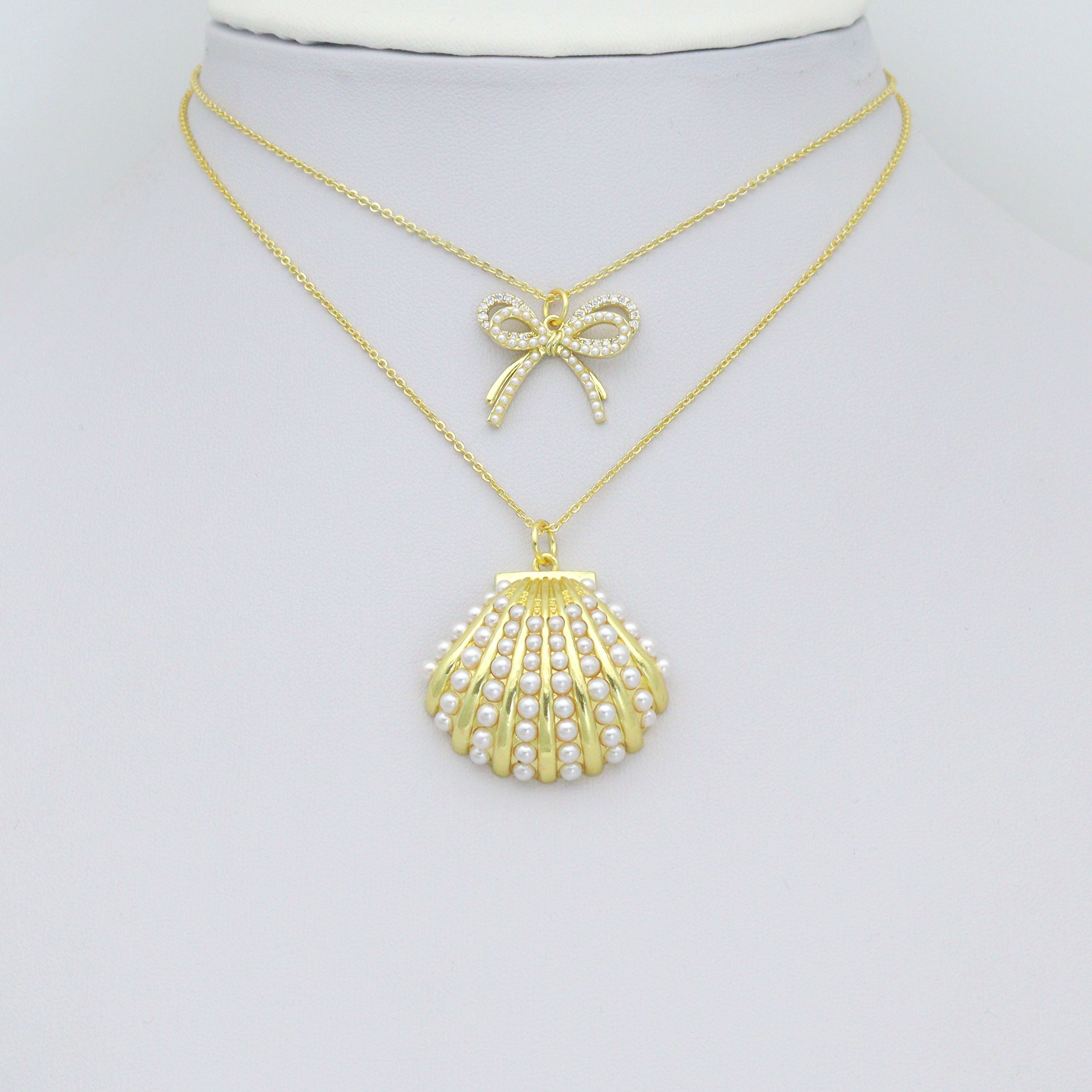 Gold Silver Pearl Shell Bow Pendant charm, Sku#A502
