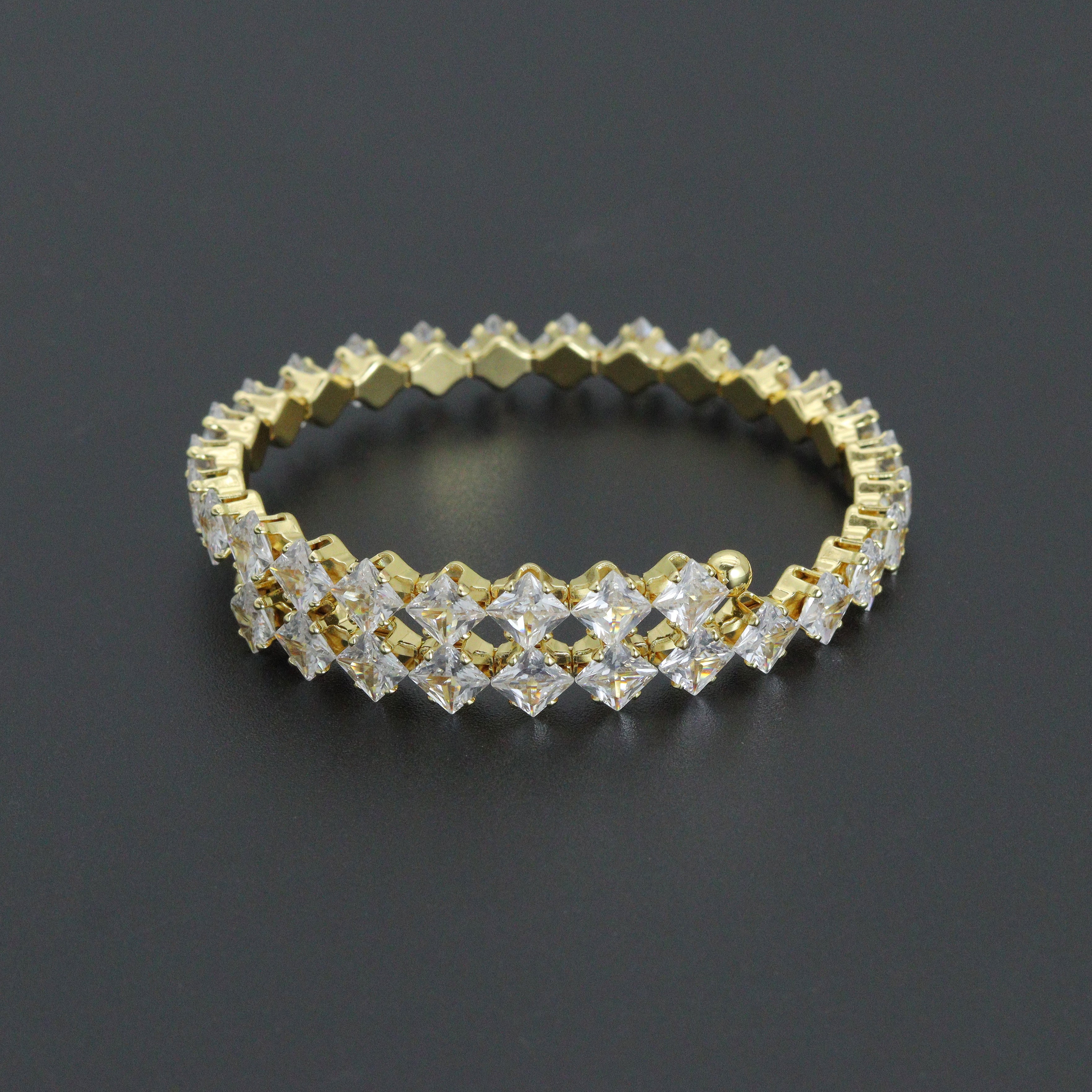 Gold Silver Clear Rhombus Diamond Shape CZ Stretchy Bracelet, Sku#A506
