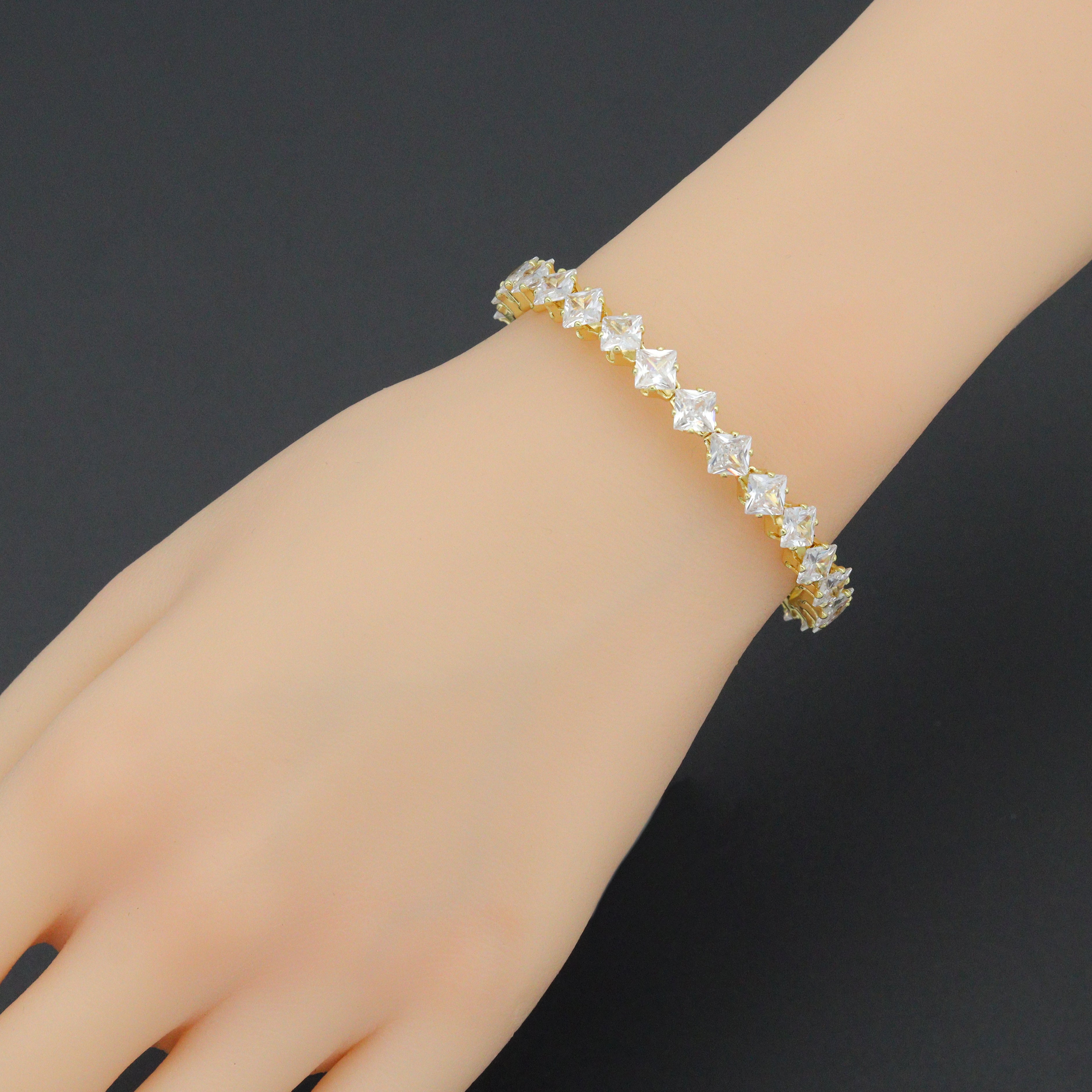 Gold Silver Clear Rhombus Diamond Shape CZ Stretchy Bracelet, Sku#A506