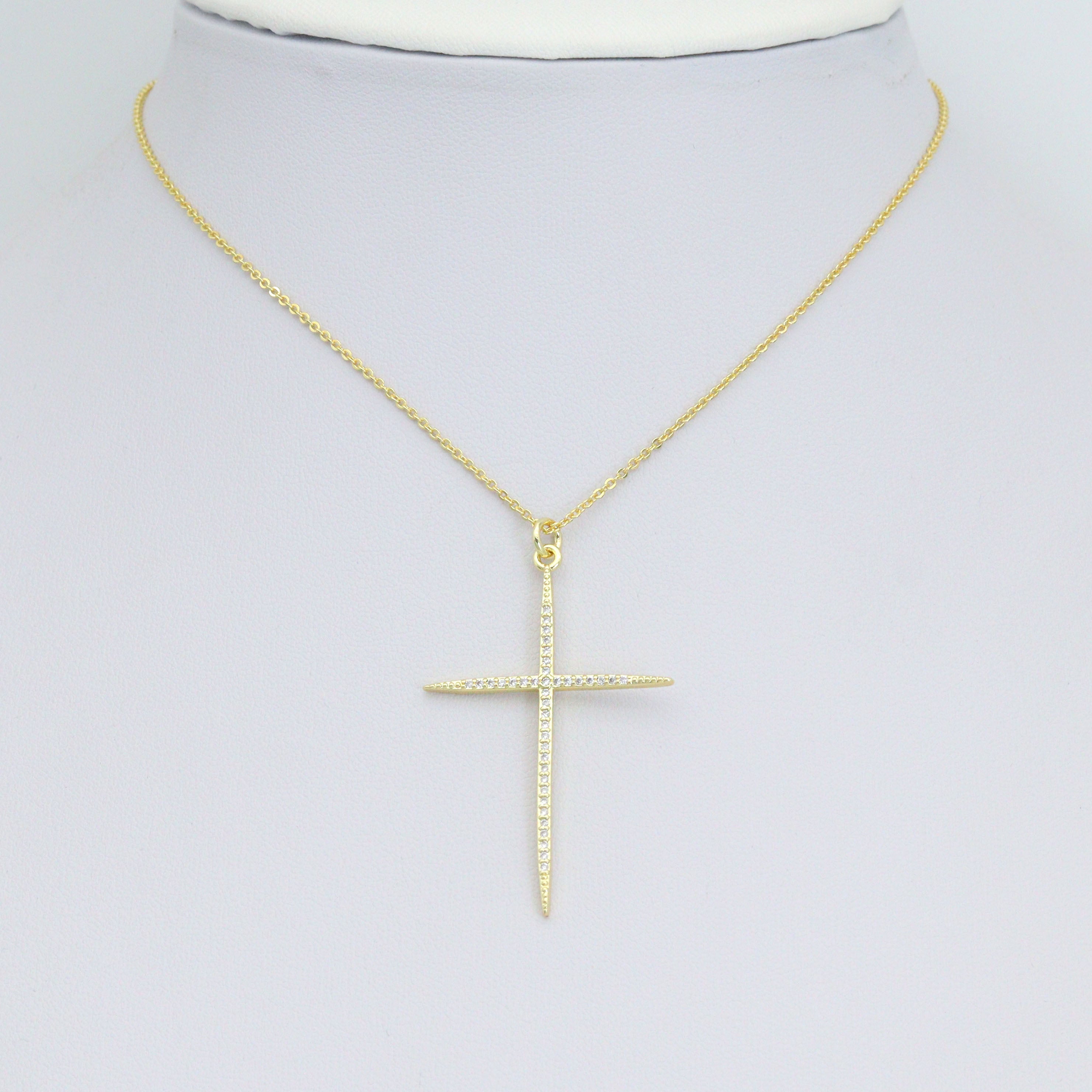 Gold Clear CZ Cross Pendant charm, Sku#F388