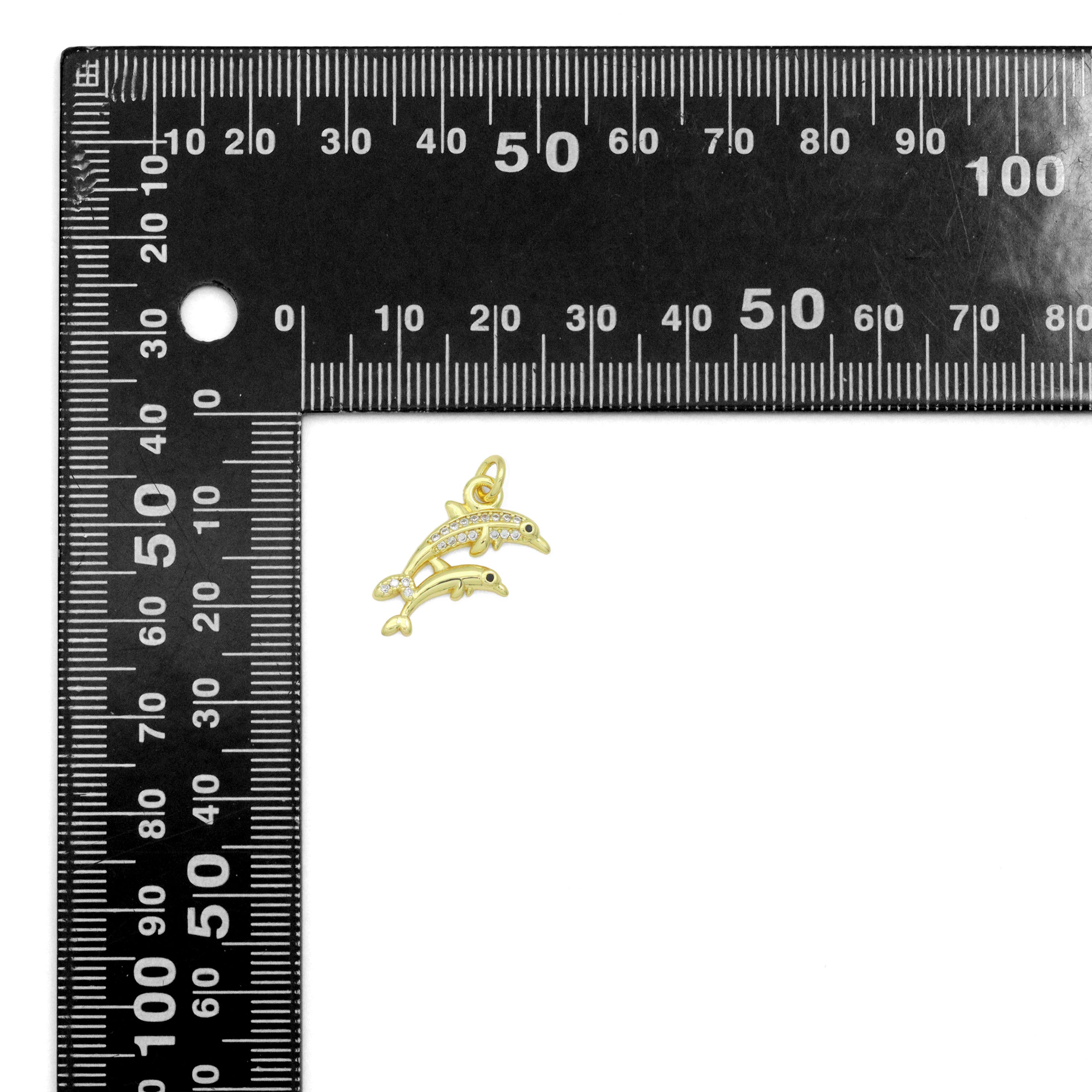 Gold Clear CZ Two Dolphins Pendant charm, Sku#LD763