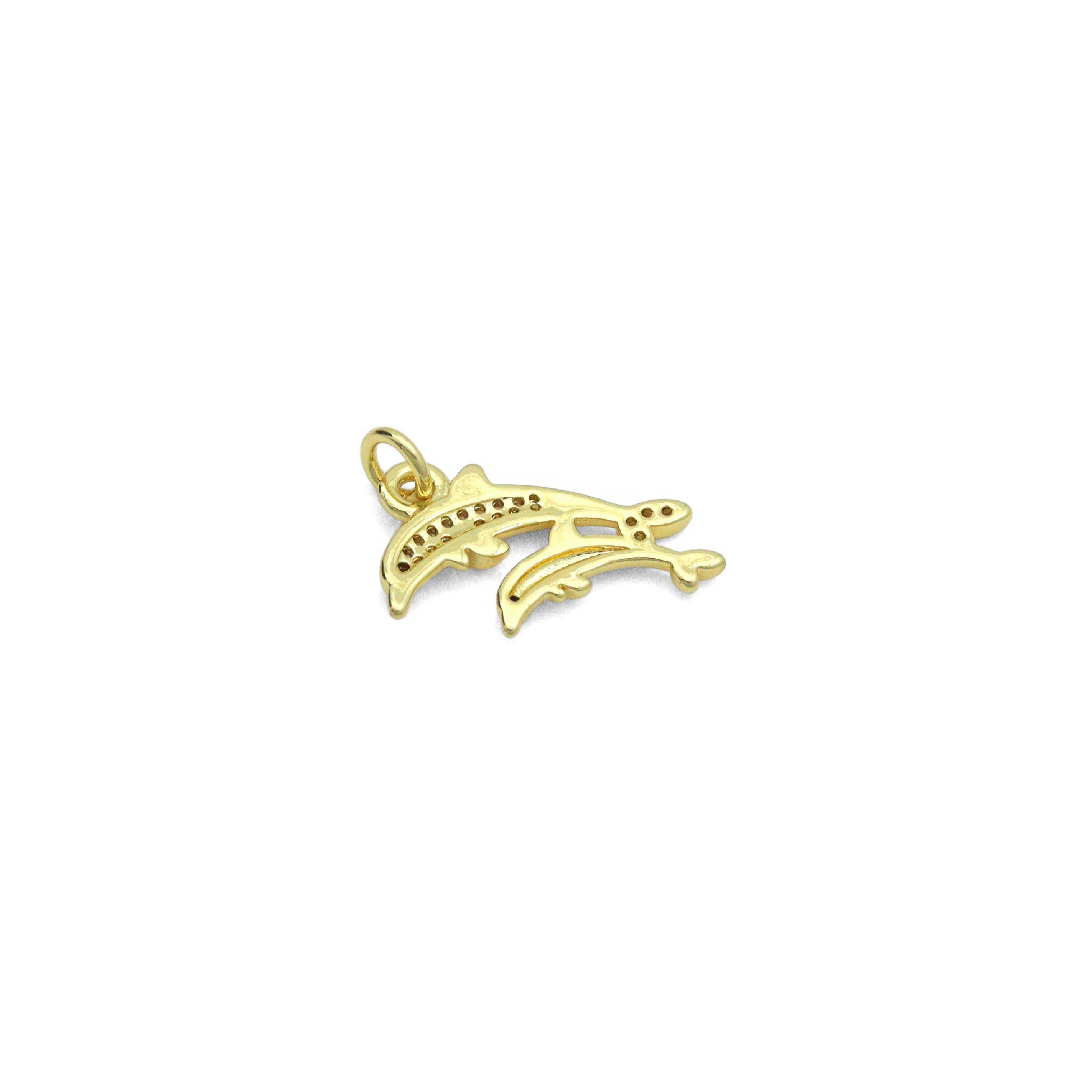 Gold Clear CZ Two Dolphins Pendant charm, Sku#LD763