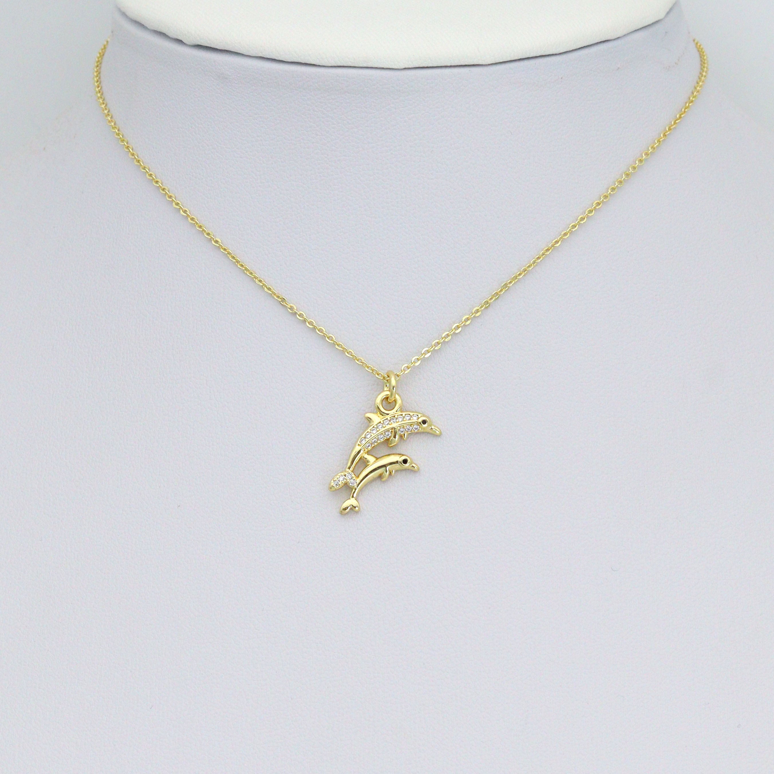 Gold Clear CZ Two Dolphins Pendant charm, Sku#LD763