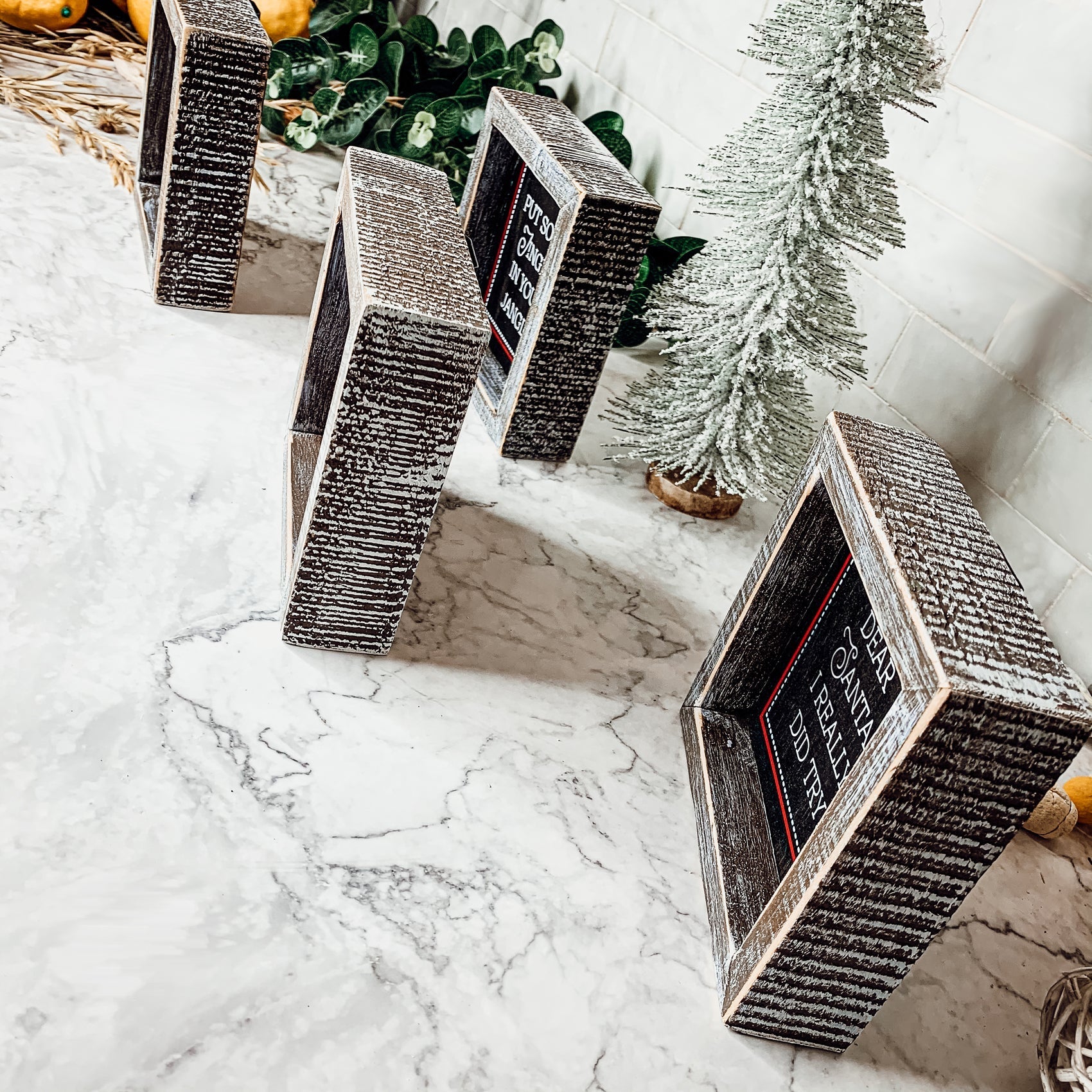 Black Chalkboard Style Wooden Christmas Sign Rustic Framed Holiday Wall Decor Set Of 4