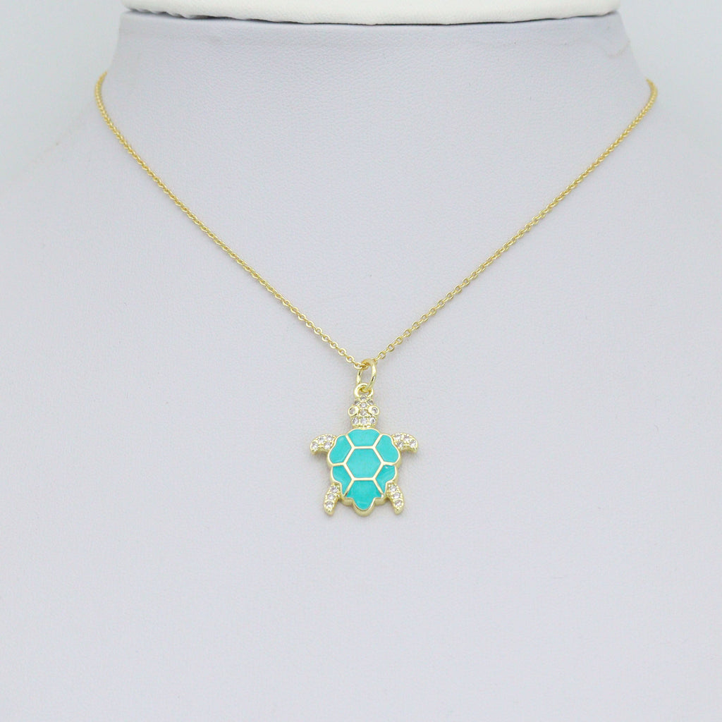 Gold Clear CZ Turquoise Enamel Turtle Tortoise Pendant charm, Sku#LX921