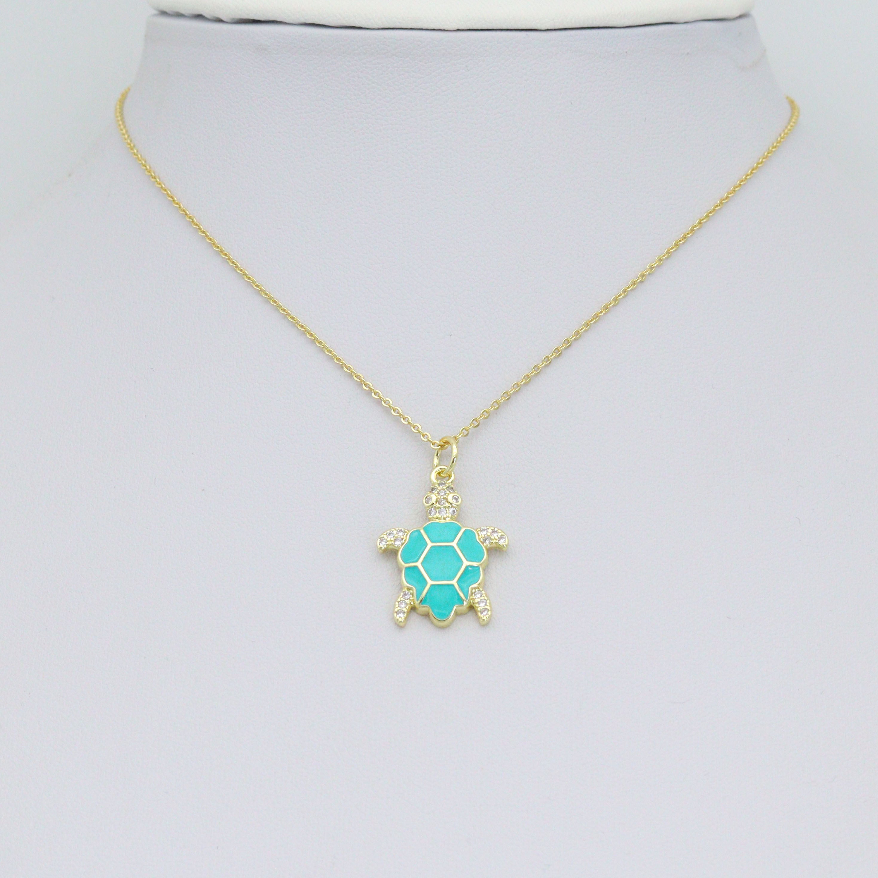 Gold Clear CZ Turquoise Enamel Turtle Tortoise Pendant charm, Sku#LX921