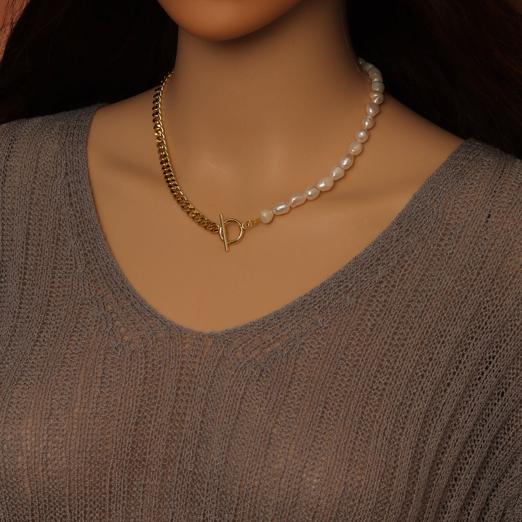 Freshwater Pearl Gold Curb Cuban Chain Necklace, Sku#EF212