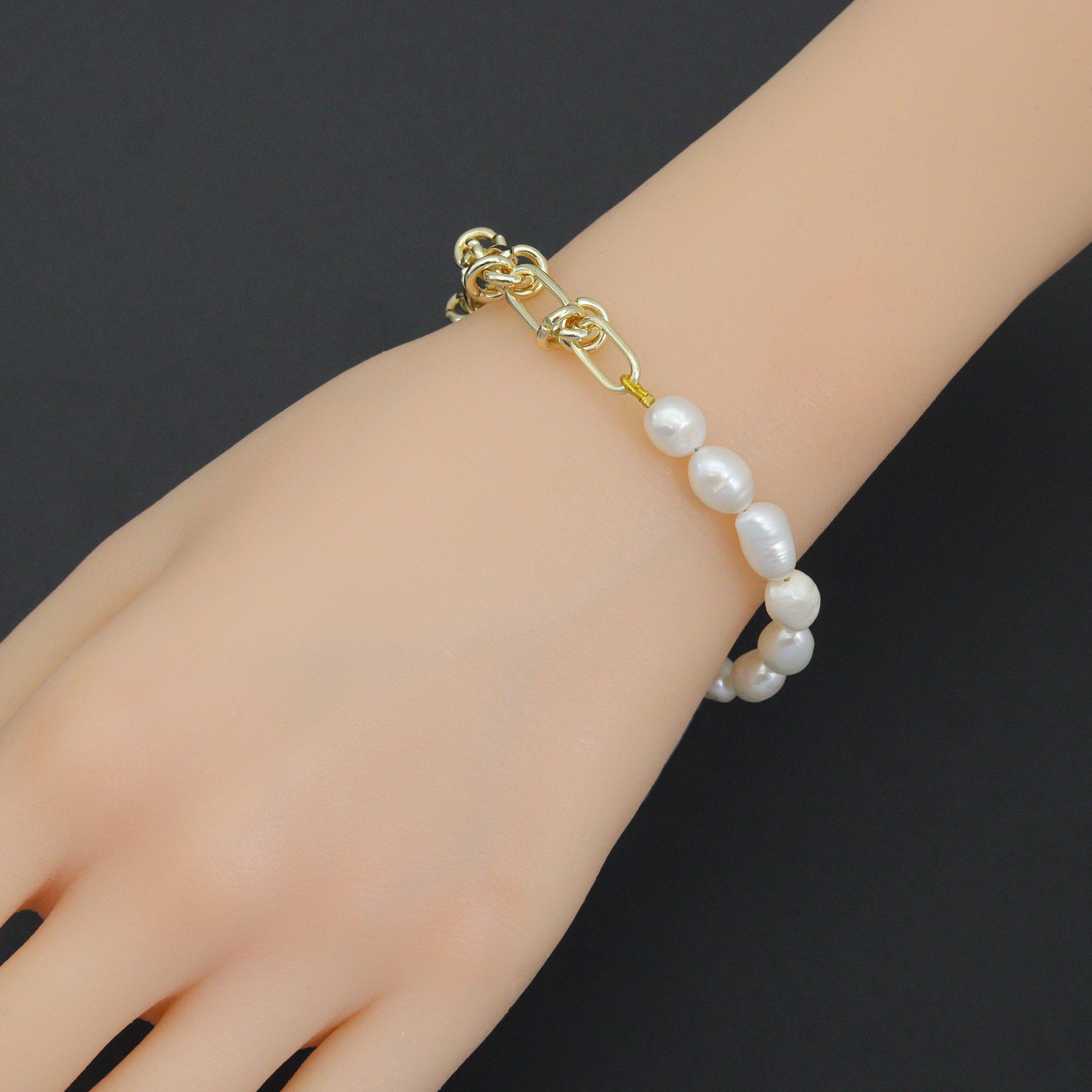 Knotted Link Chain Freshwater Pearl Bracelet Necklace, Sku#EF352C