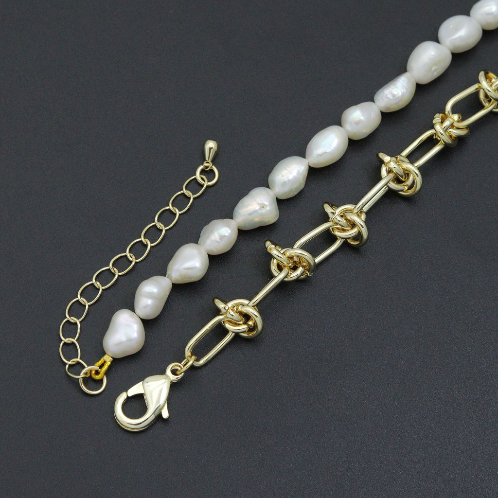 Knotted Link Chain Freshwater Pearl Bracelet Necklace, Sku#EF352C
