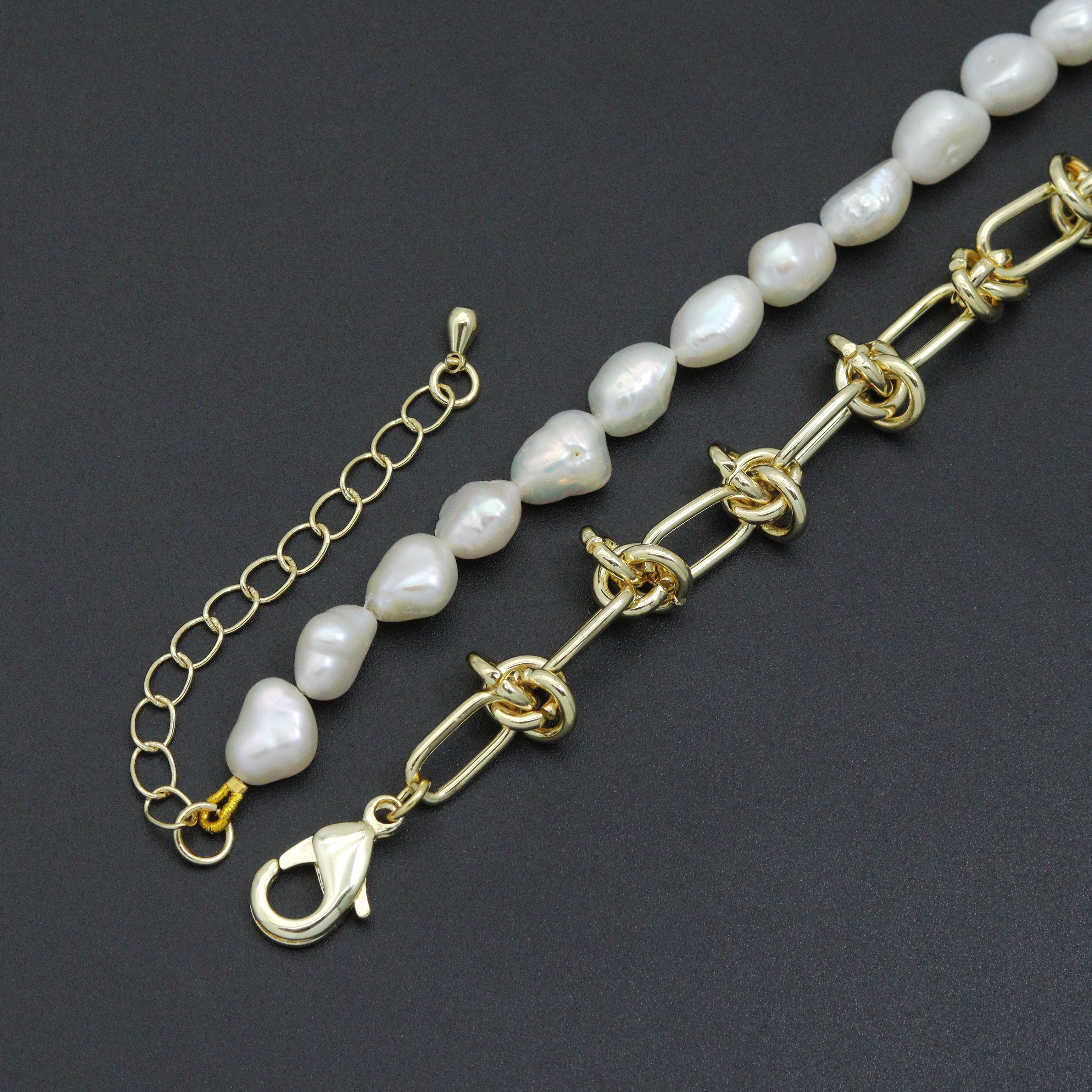 Knotted Link Chain Freshwater Pearl Bracelet Necklace, Sku#EF352C