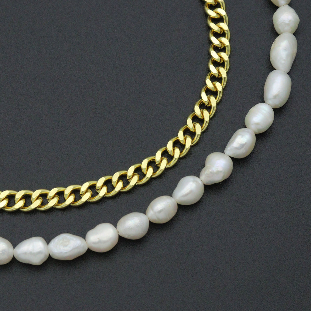 Freshwater Pearl Gold Curb Cuban Chain Necklace, Sku#EF212