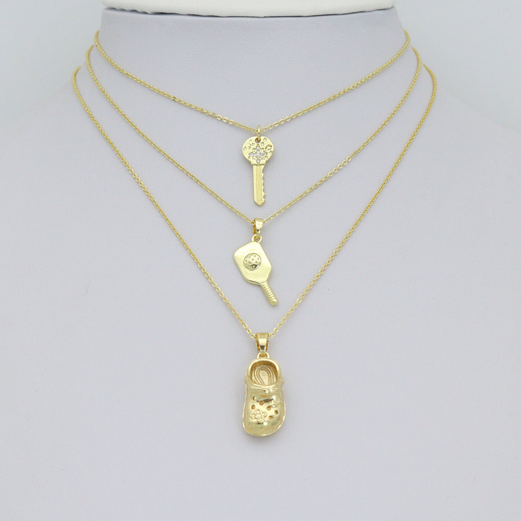 Clear CZ Gold Key Crocs Shoe pickleball racket Pendant charm , Sku#LX922