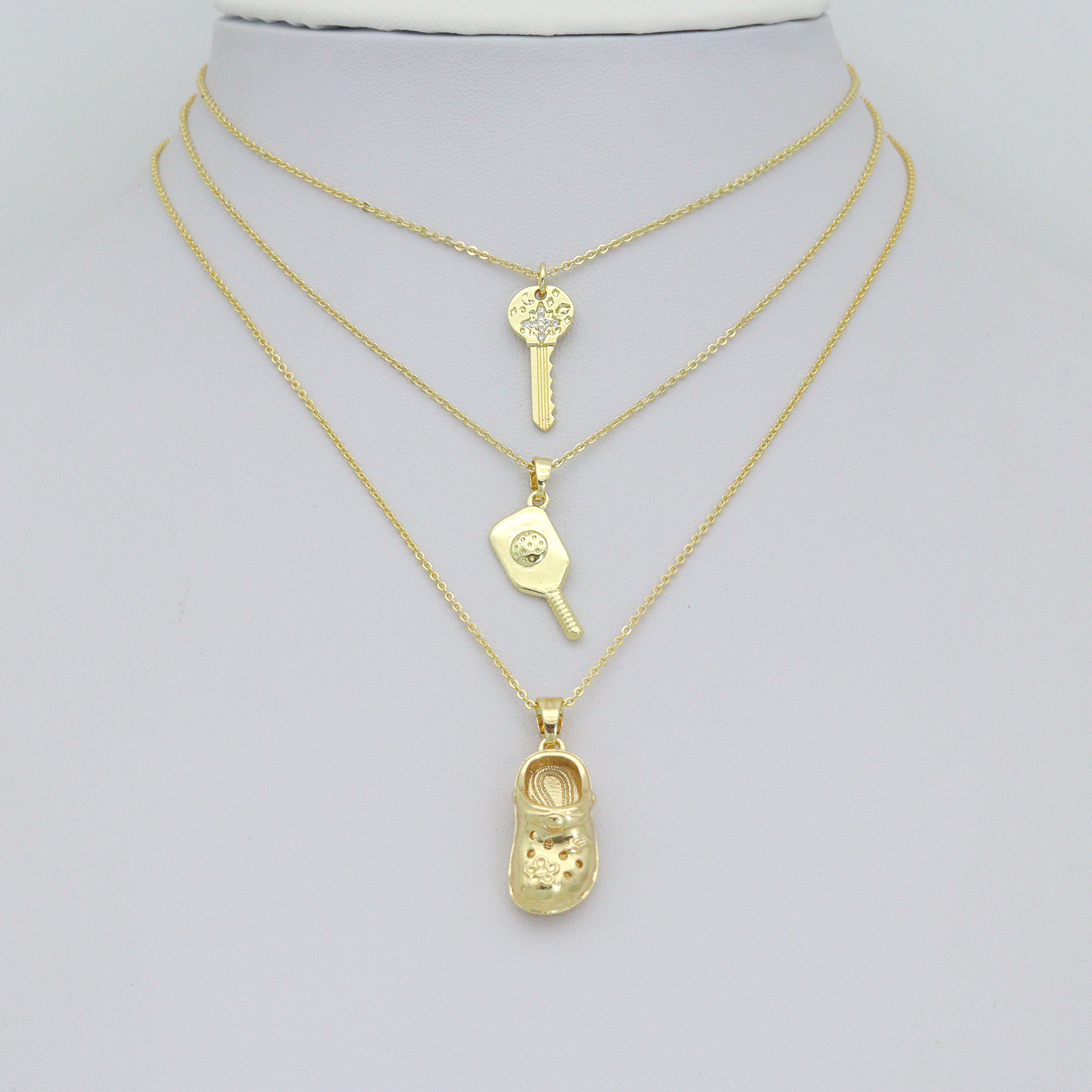 Clear CZ Gold Key Crocs Shoe pickleball racket Pendant charm , Sku#LX922