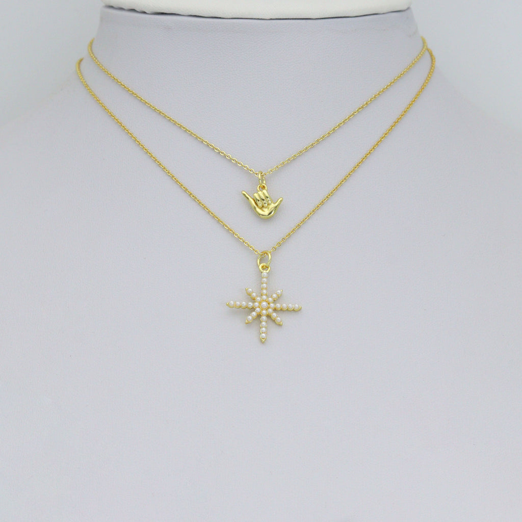 Gold Silver Shaka Hand Gesture Pearl North Star Pendant charm, Sku#A511