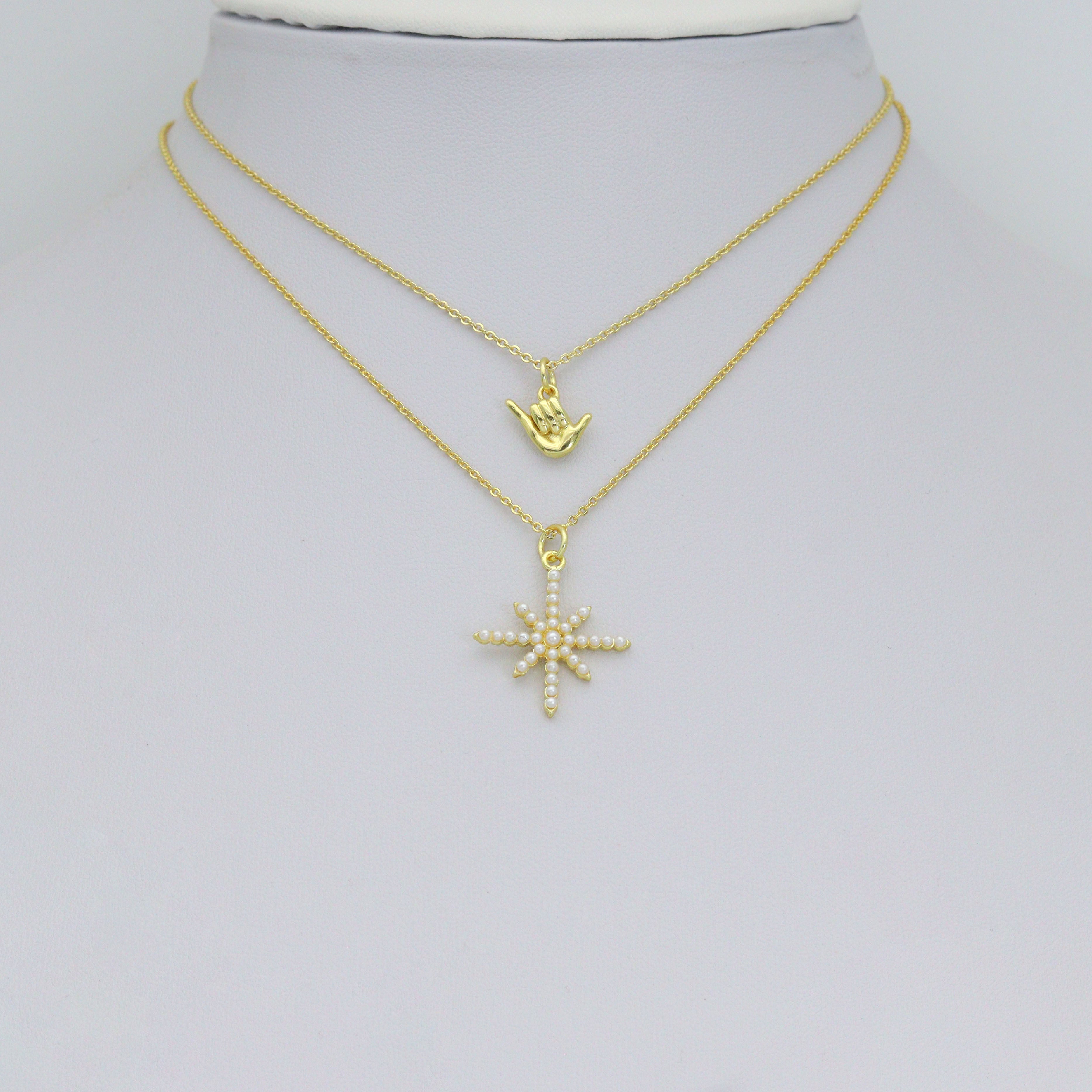 Gold Silver Shaka Hand Gesture Pearl North Star Pendant charm, Sku#A511