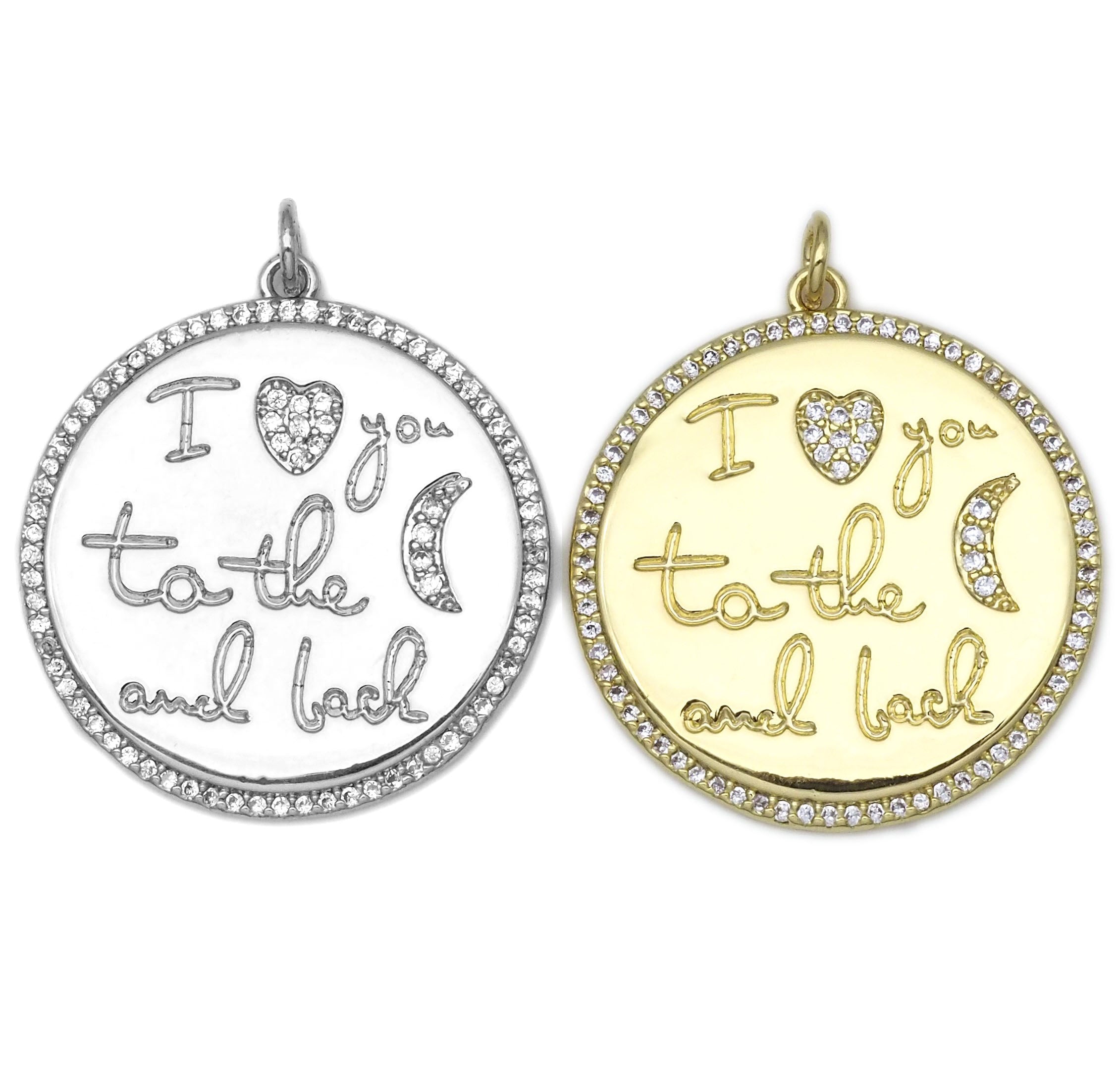 CZ Micro Pave Word Heart Moon on Round Coin Pendant/Charm, 18K Gold Filled Medallion Charm,Necklace Bracelet Pendant Charm,29x31mm,Sku#L608