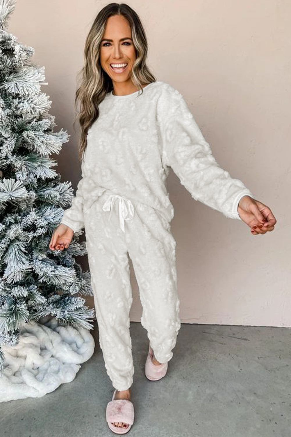 Lolita-Light Grey Leopard Textured Loose Fit Fleece Lounge Set