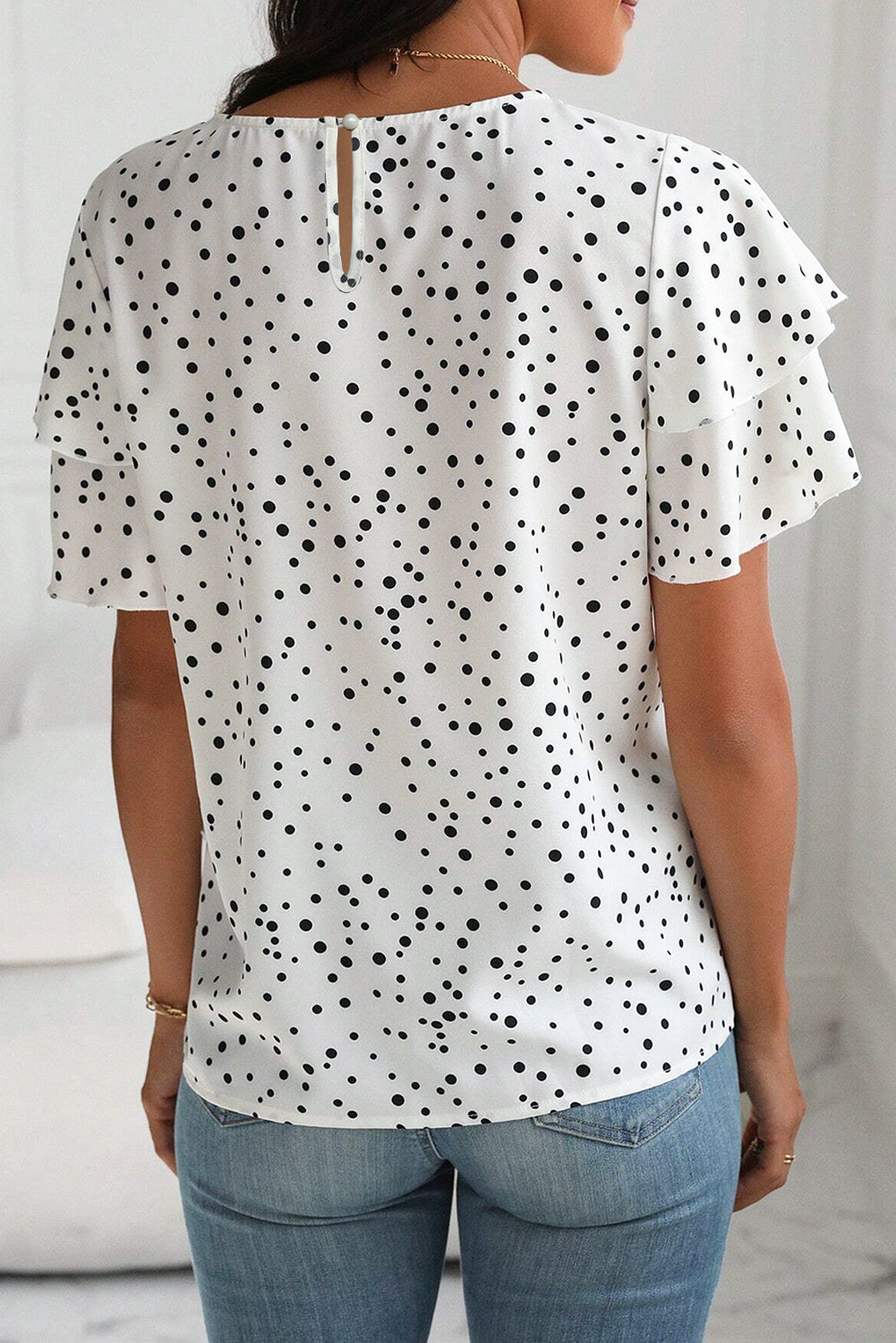 Chantelle - White Dalmatian Print Layered Ruffled Short Sleeve Blouse