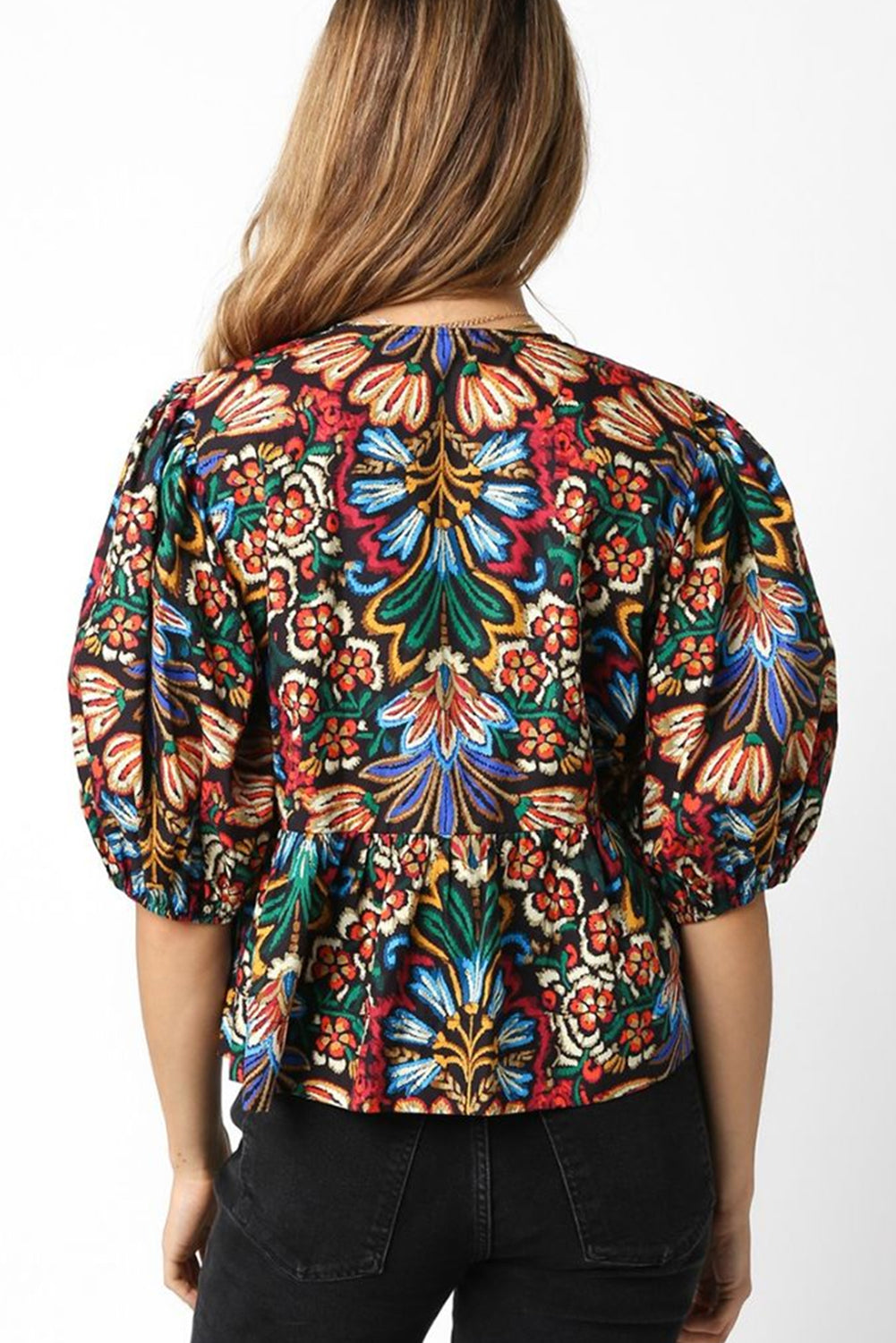 Chloe - Black Tropical Print Bubble Sleeve Knot Front Blouse
