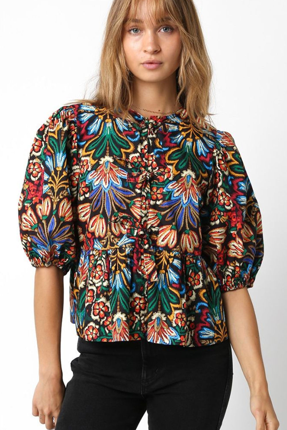 Chloe - Black Tropical Print Bubble Sleeve Knot Front Blouse