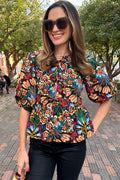 Chloe - Black Tropical Print Bubble Sleeve Knot Front Blouse