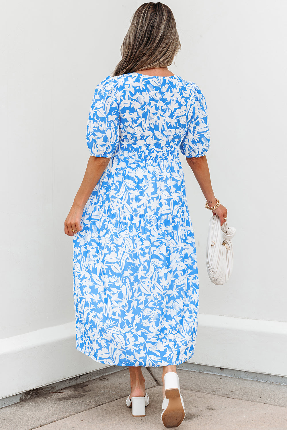 Stacey-Sky Blue Floral V Neck Puff Short Sleeve Flowy Long Dress