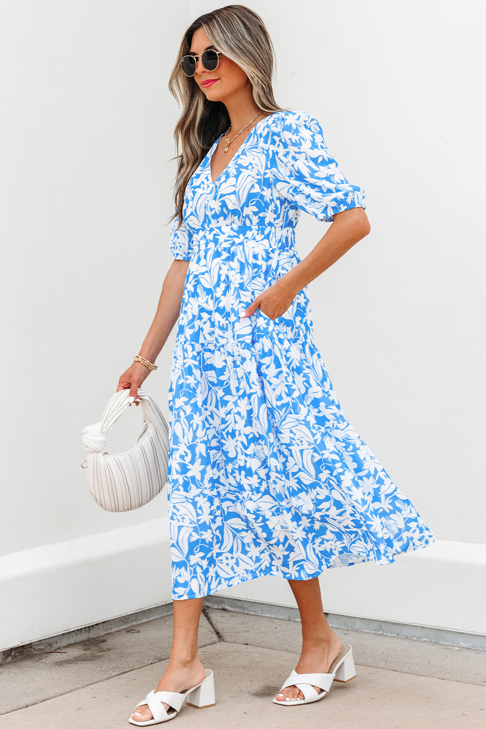 Stacey-Sky Blue Floral V Neck Puff Short Sleeve Flowy Long Dress