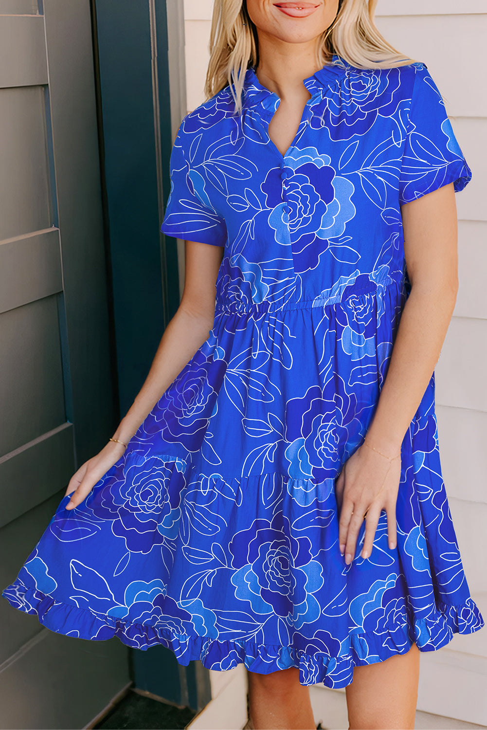 Lola-Blue Floral Ruffled Hem V Neck Short Sleeve Flowy Mini Dress