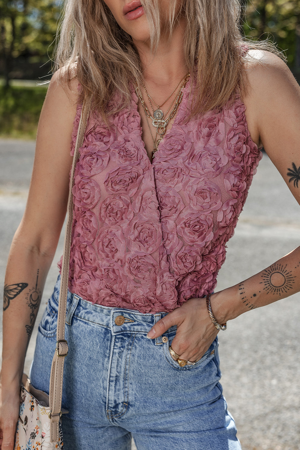 Claire - Rose Textured V-Neck Sleeveless Bodysuit