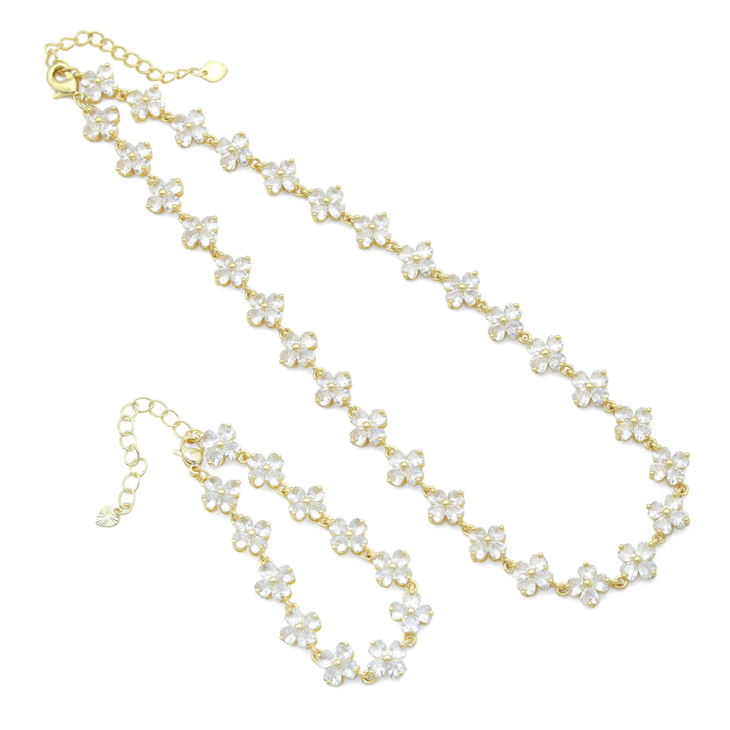 Crystal Flower Link Gold Necklace/Bracelet, Sku#LD417