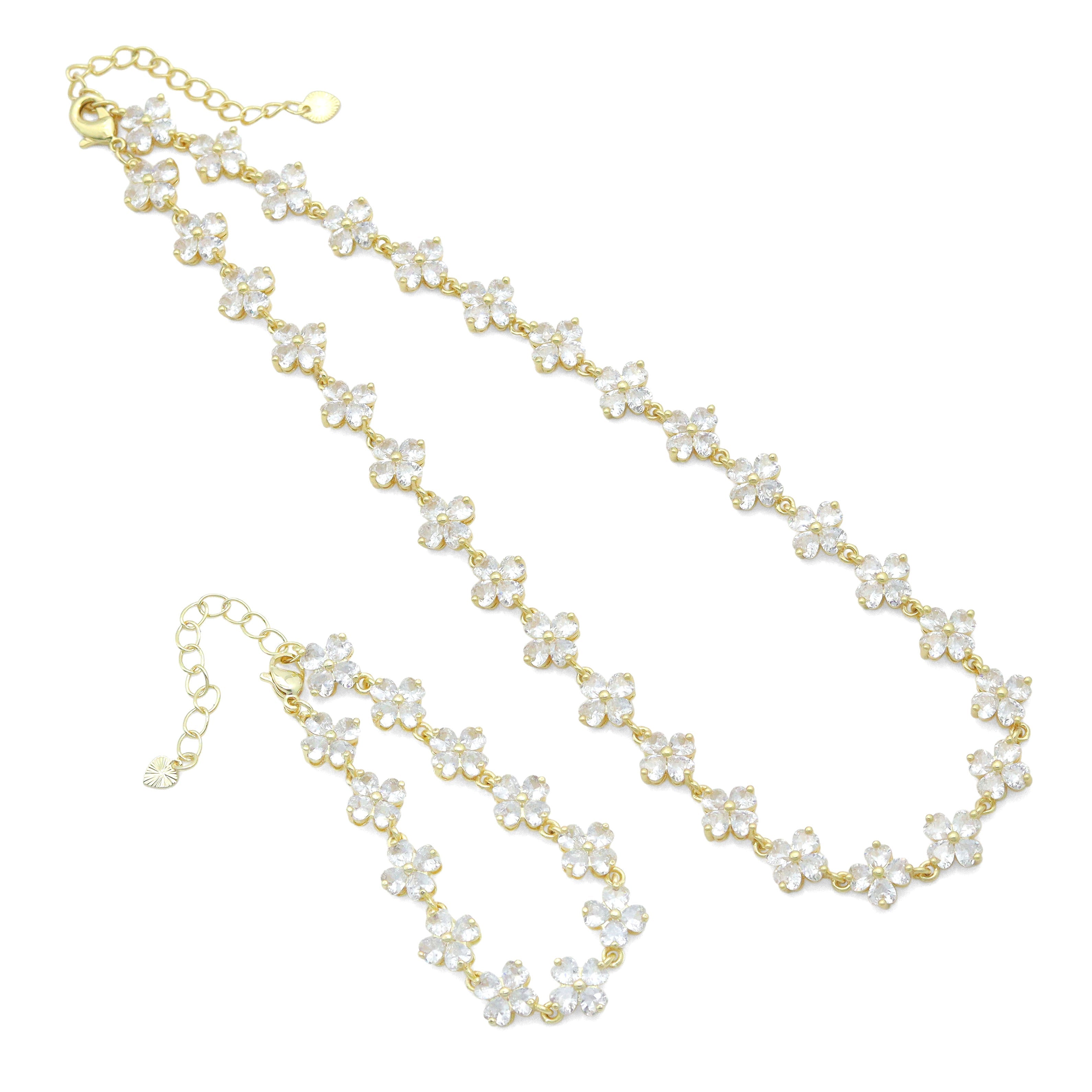 Crystal Flower Link Gold Necklace/Bracelet, Sku#LD417