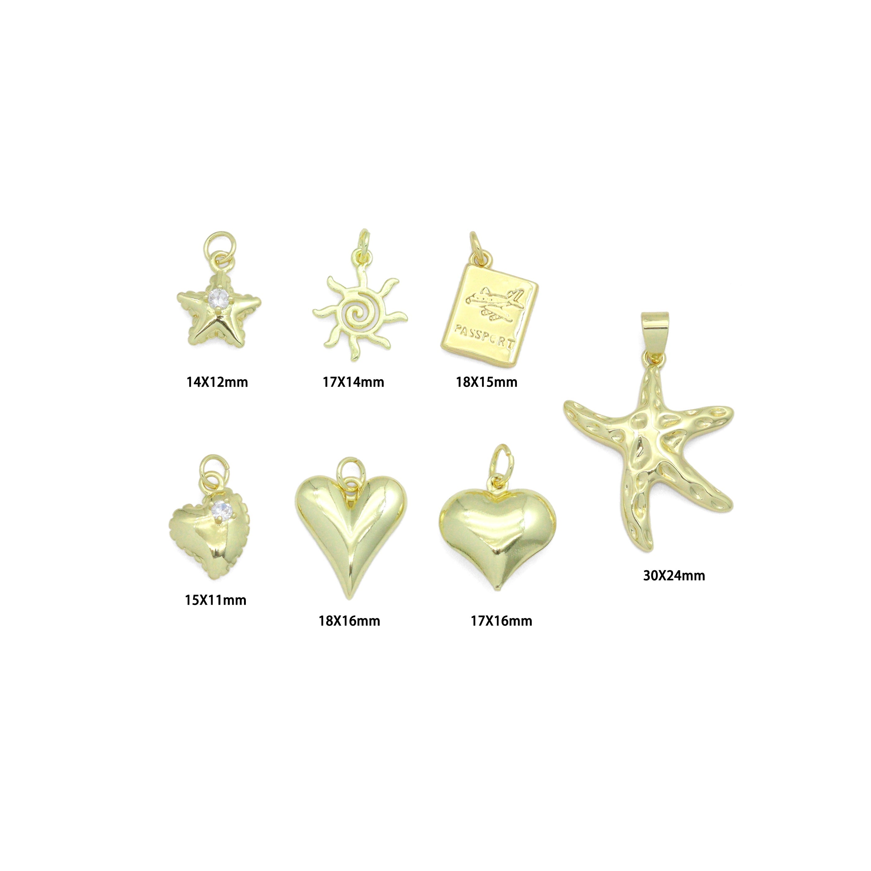 Gold Puffy Star Heart Passport Starfish Sun Charm Pendant,Sku#LD740