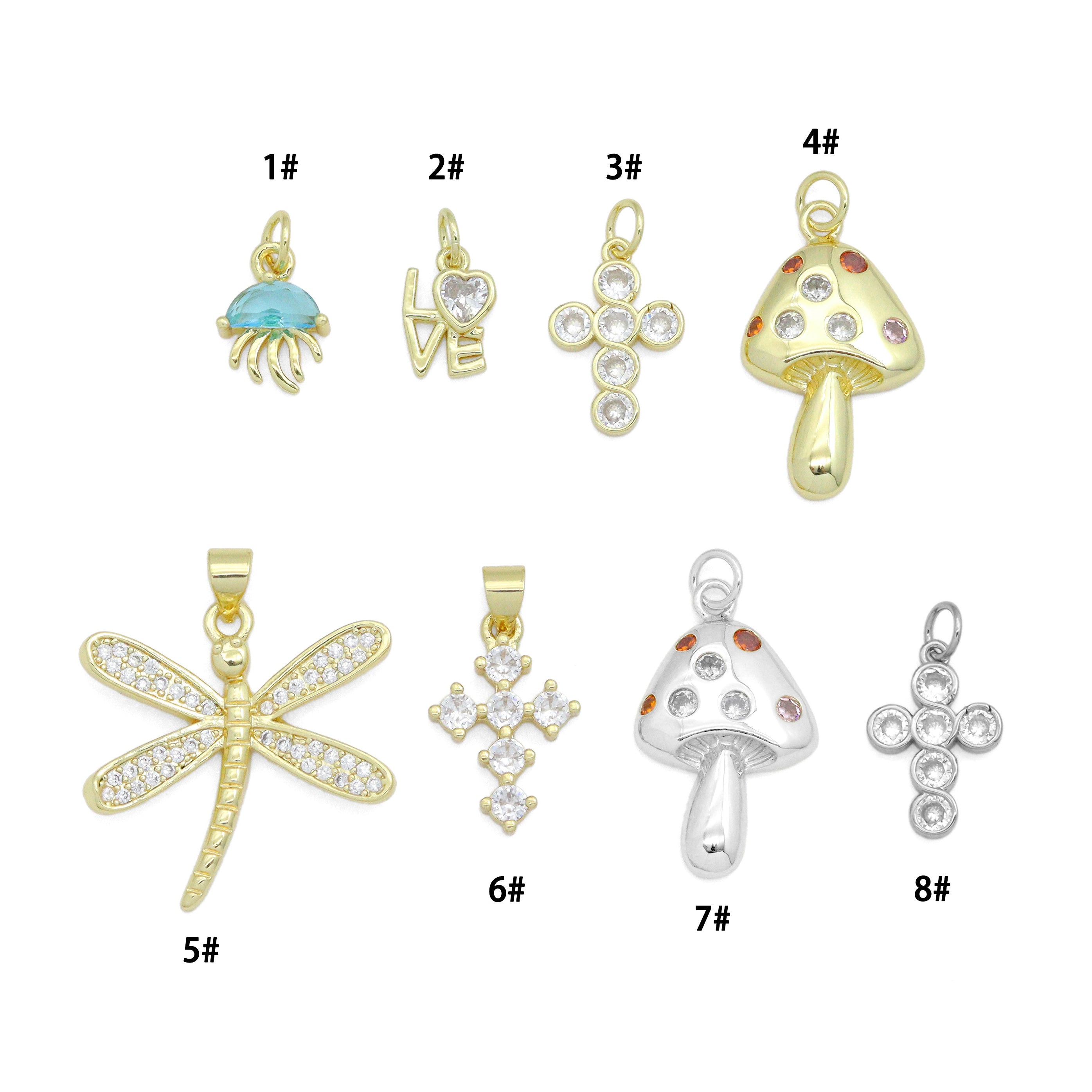 CZ Gold Love Cross Mushroom Jellyfish Dragonfly Charm Pendant,Sku#LD748