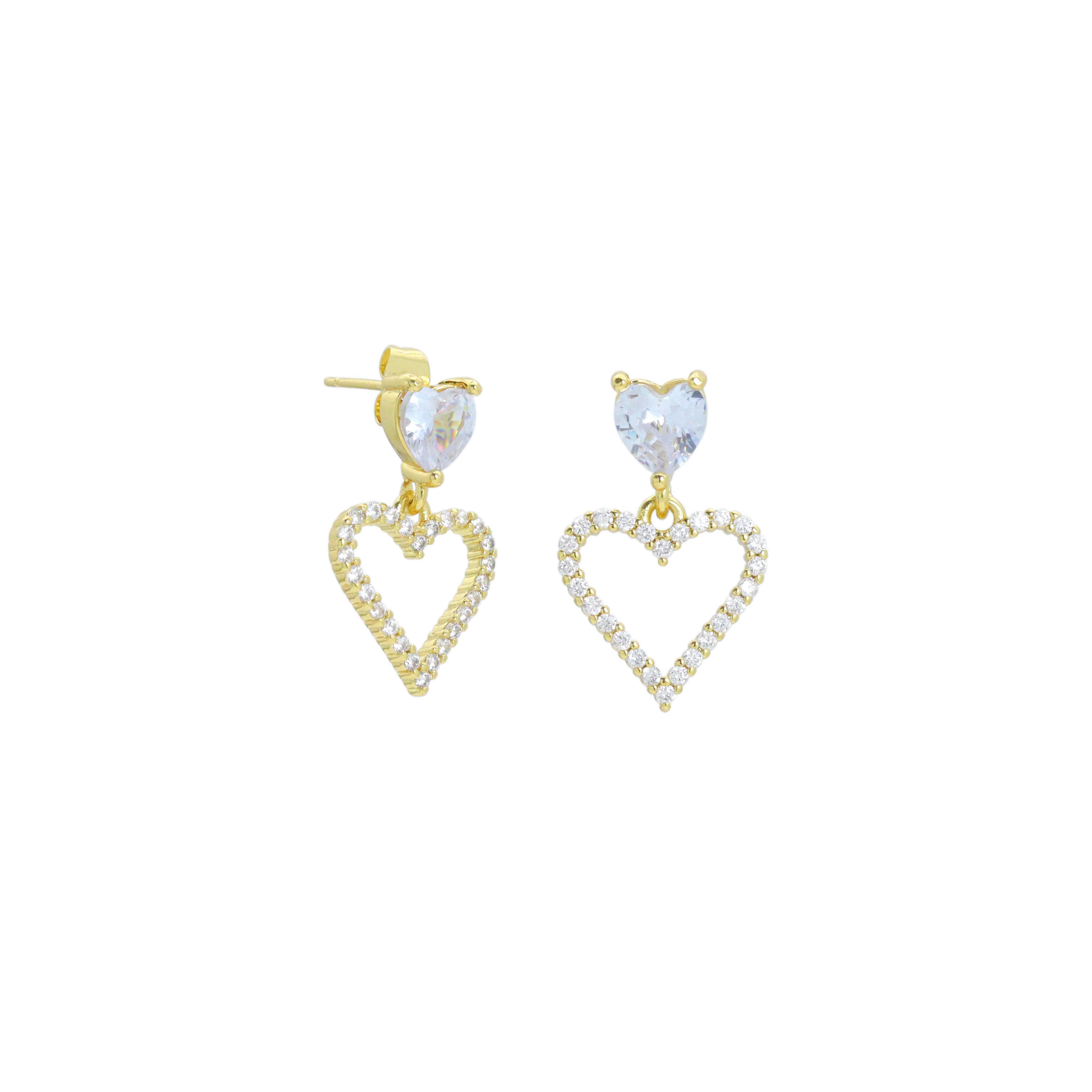Clear CZ Frame Heart Stud Dangle Earrings, Sku#LD759