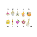 Pink shell,white pearl, starfish, hat, flower fruit, flip flop, soda bottle, grape heart, Guitar charm, Sku#LD761