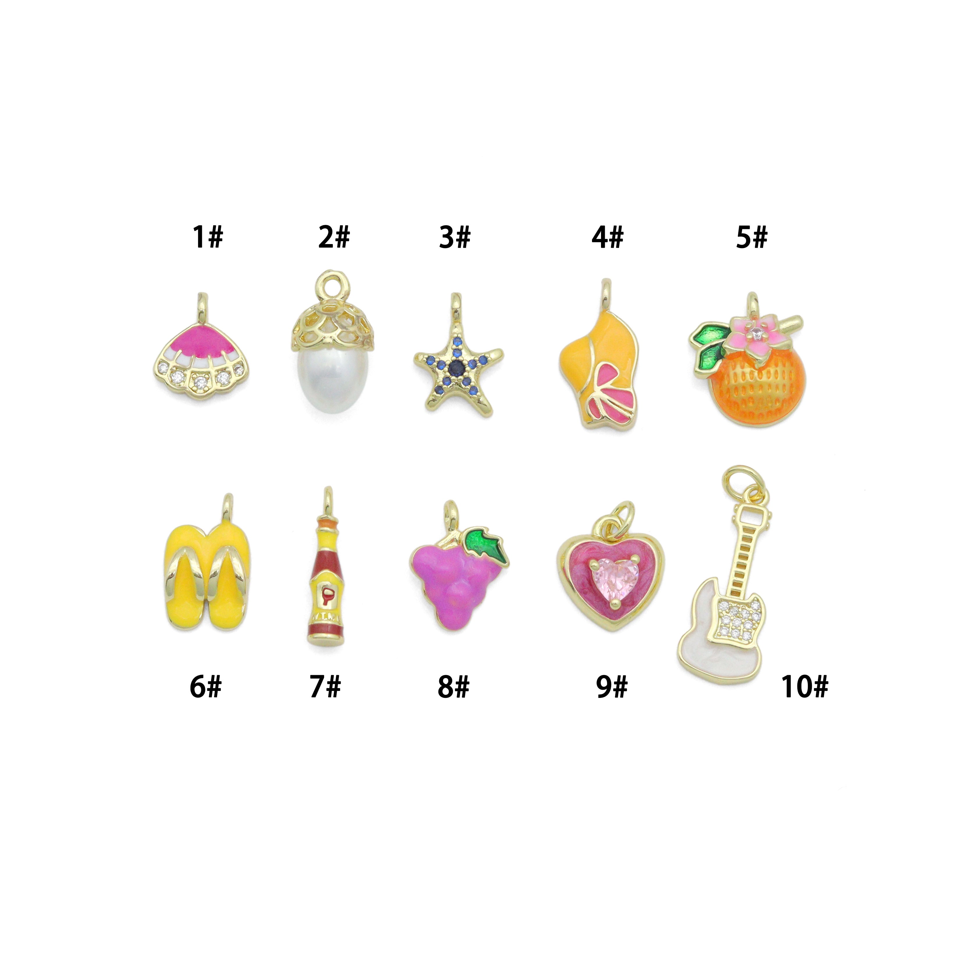 Pink shell,white pearl, starfish, hat, flower fruit, flip flop, soda bottle, grape heart, Guitar charm, Sku#LD761