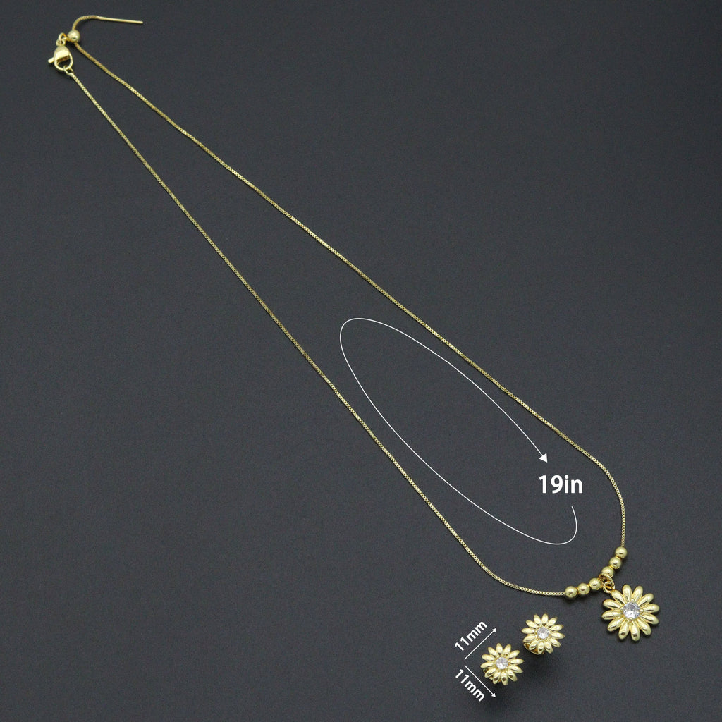 Clear CZ Daisy Flower Gold Link Chain necklace Stud Earring, sku#LD772
