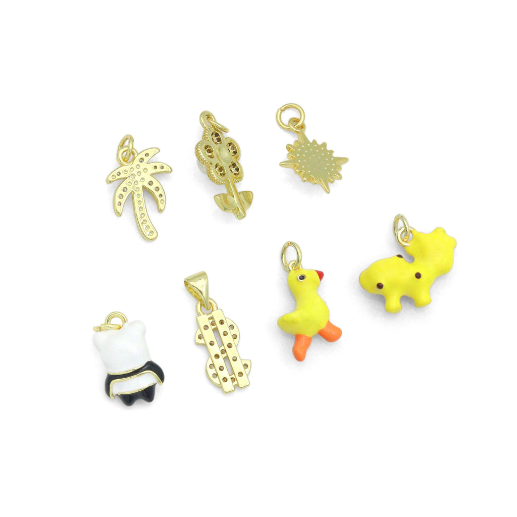 Clear CZ White Pearl Palm Tree, Gold Flower Panda Sun pearl Dollar sign Charm Pendant, Sku#LD775