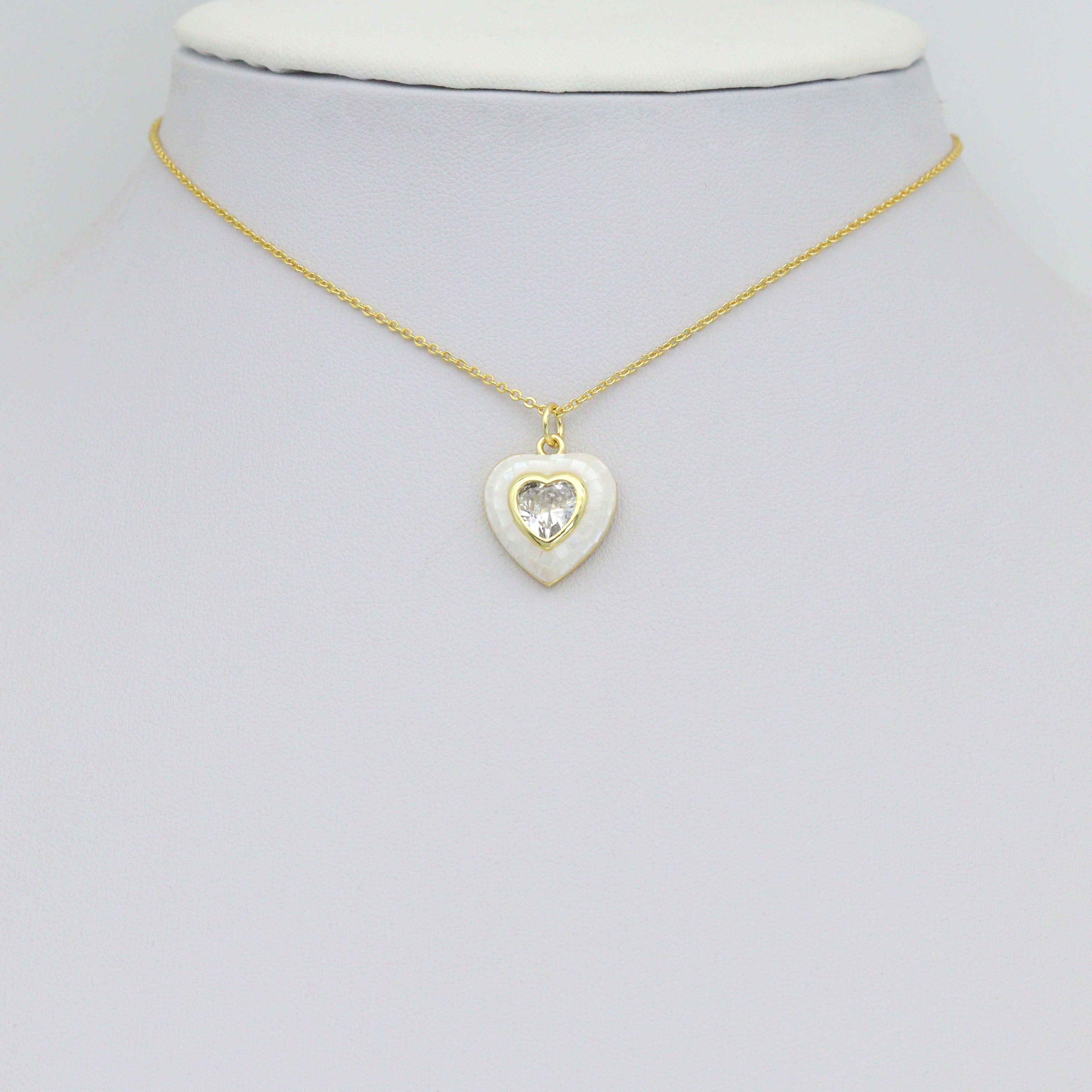 White Mother of Pearl with CZ Center Heart  Heart Pendant charm, Sku#LK1282